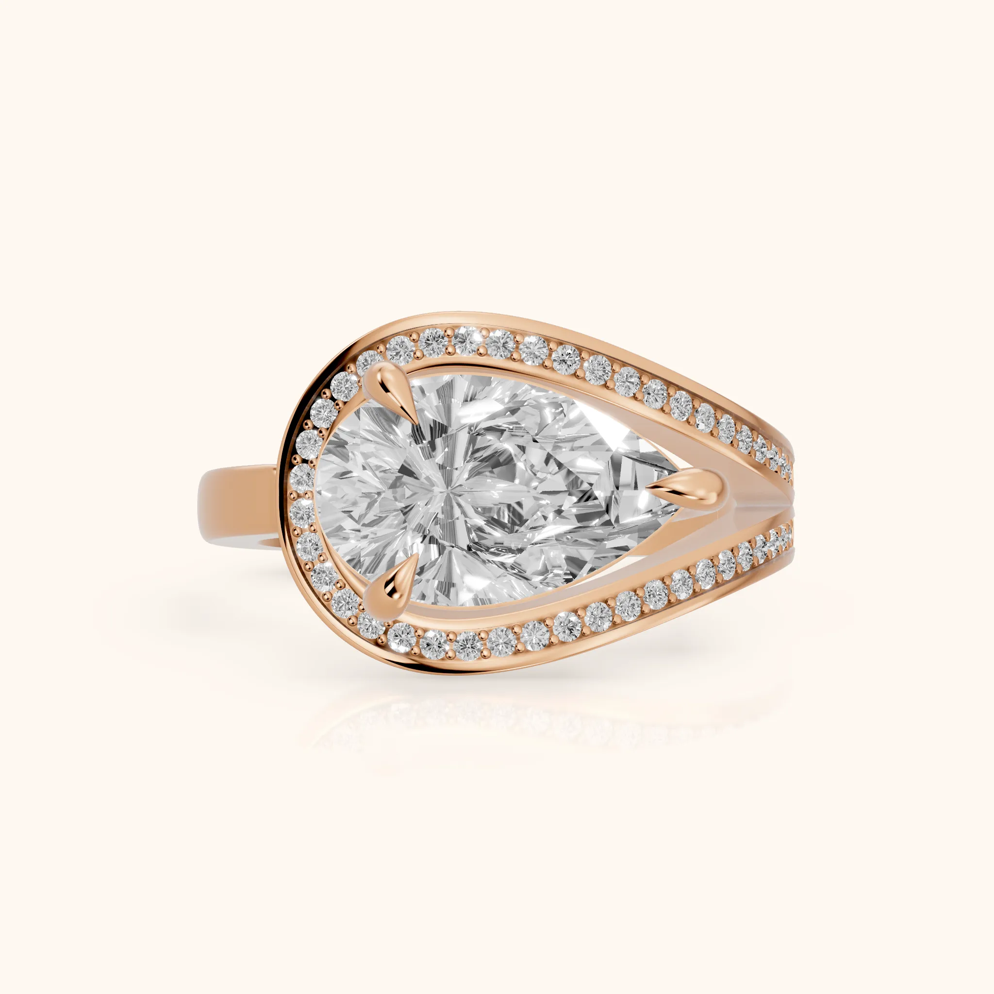 Ellery East-West Split Shank Pear Diamond Engagement Ring in Rose Gold — view 1