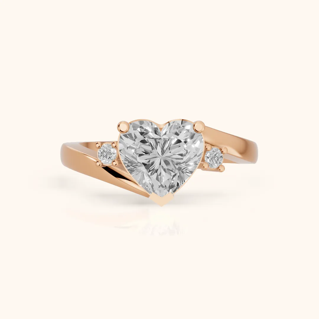 Gardenia Bypass Three-Stone Heart Diamond Engagement Ring in Rose Gold — view 2