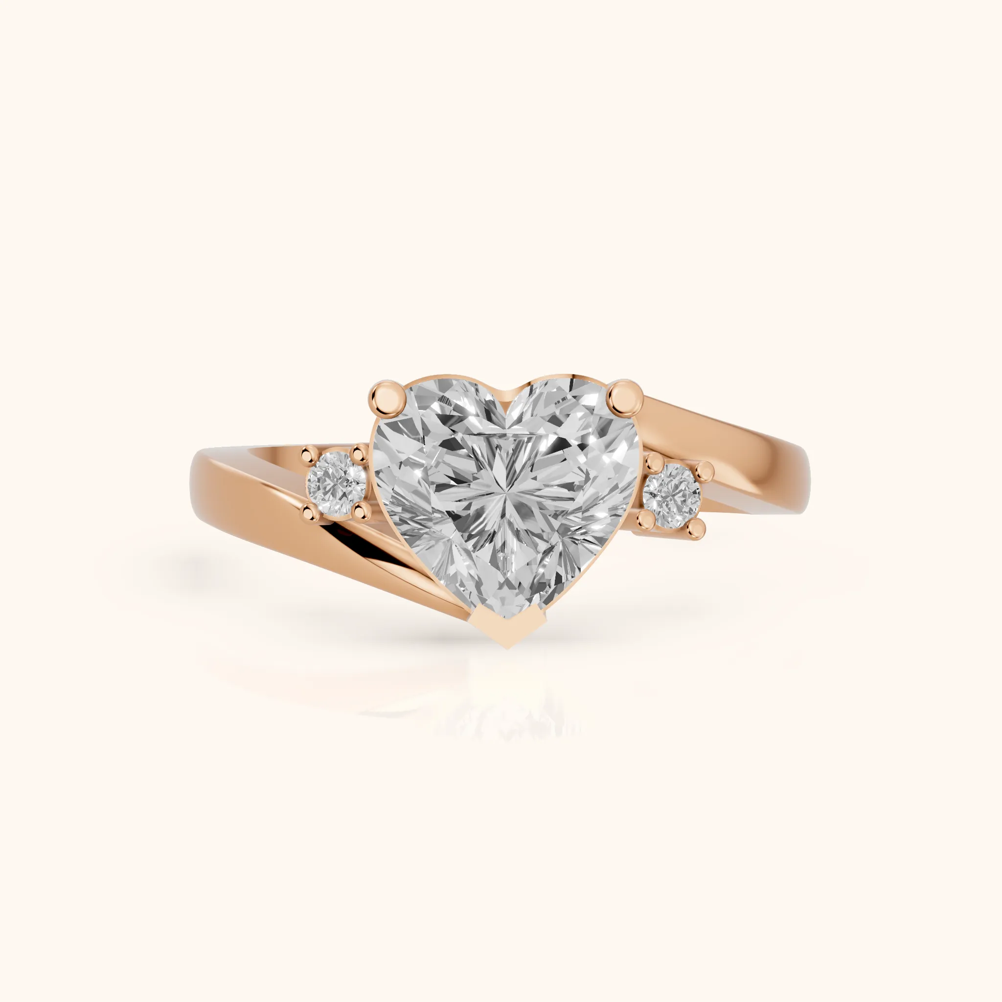 Gardenia Bypass Three-Stone Heart Diamond Engagement Ring in Rose Gold — view 1