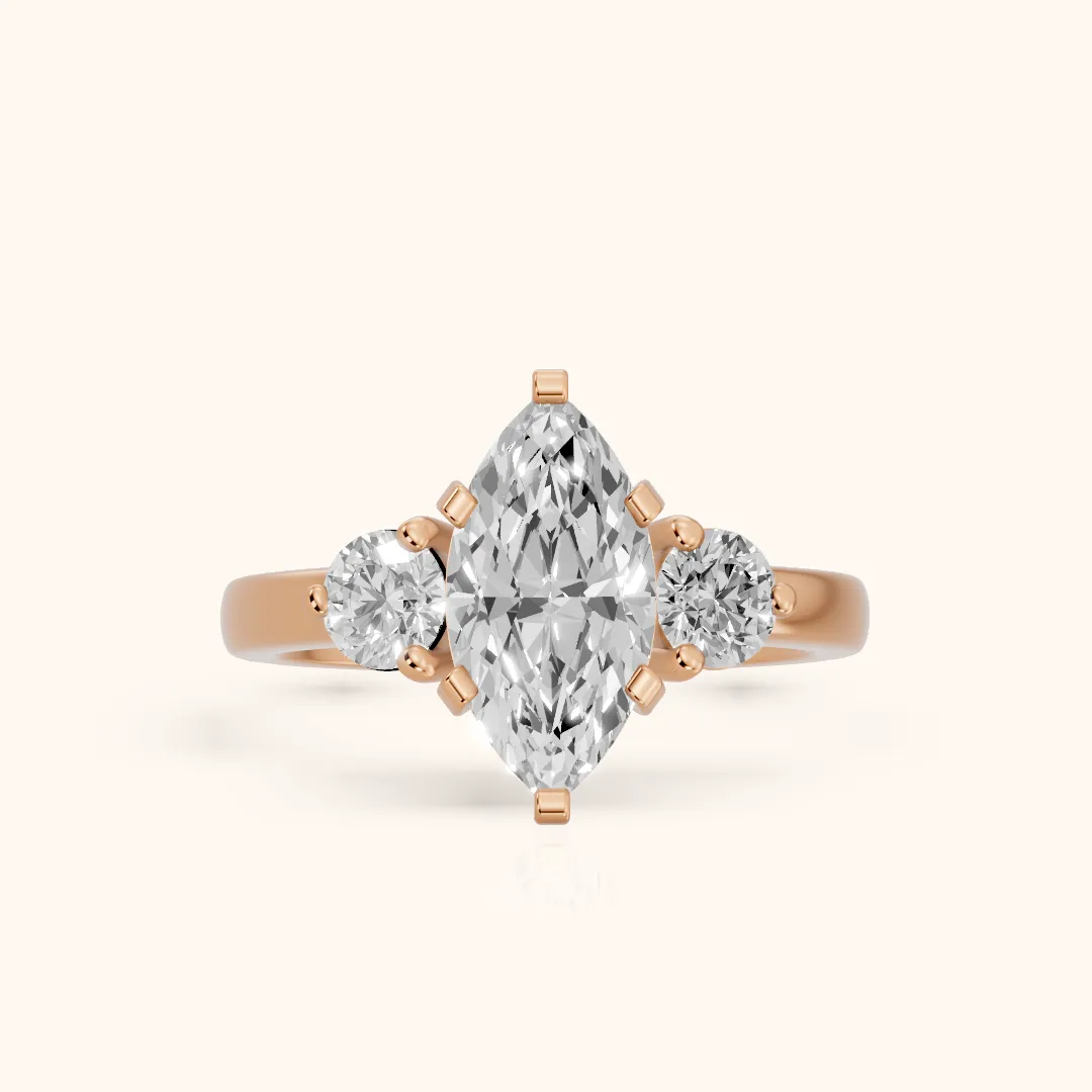 Freesia Three-Stone Marquise Diamond Engagement Ring in Rose Gold — view 2