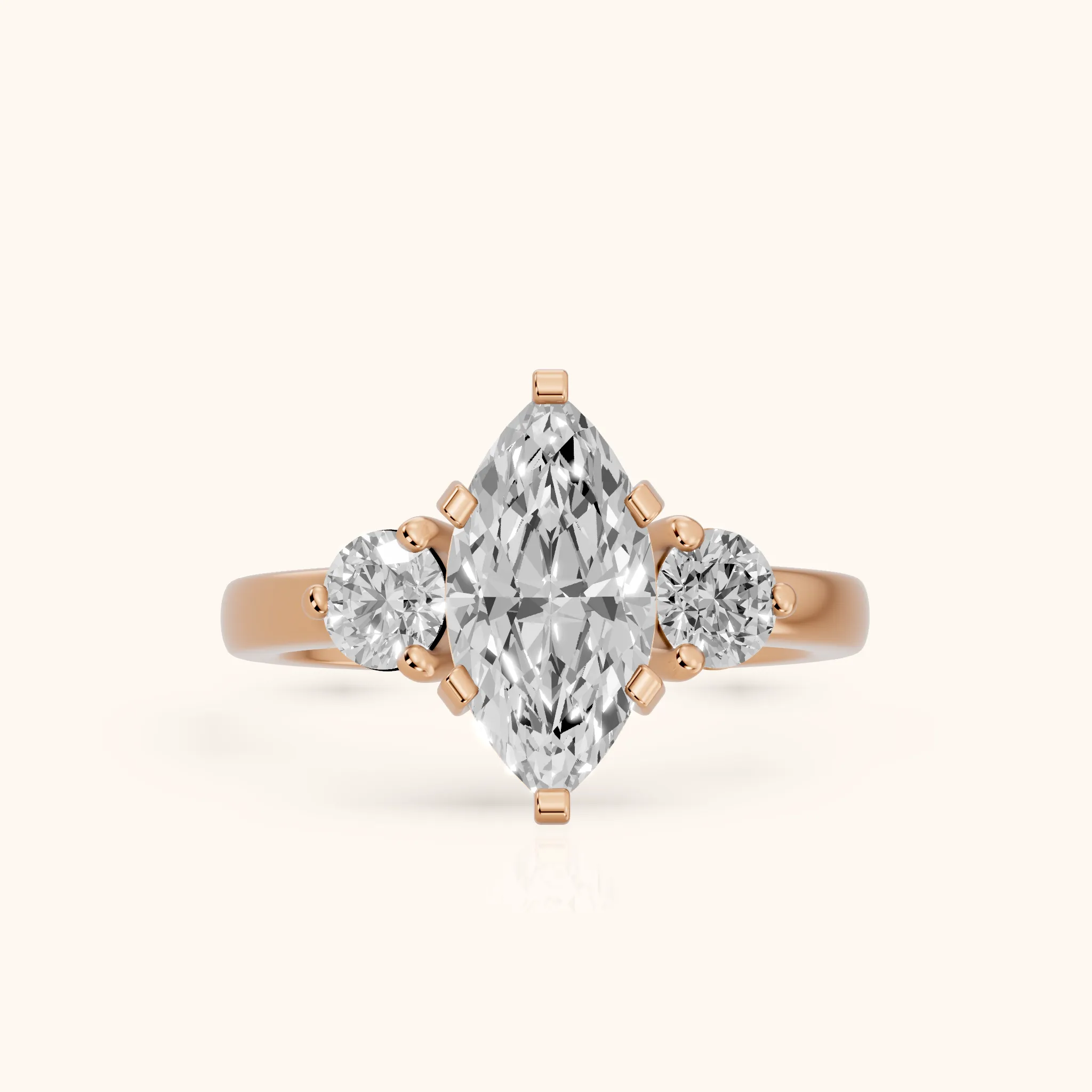 Freesia Three-Stone Marquise Diamond Engagement Ring in Rose Gold — view 1