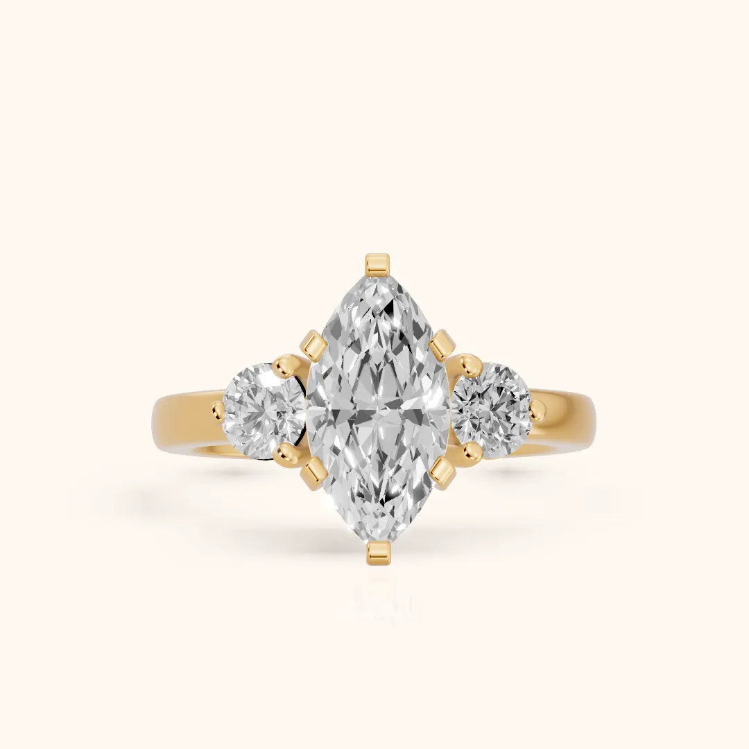 Freesia Three-Stone Marquise Diamond Engagement Ring in Yellow Gold — view 2
