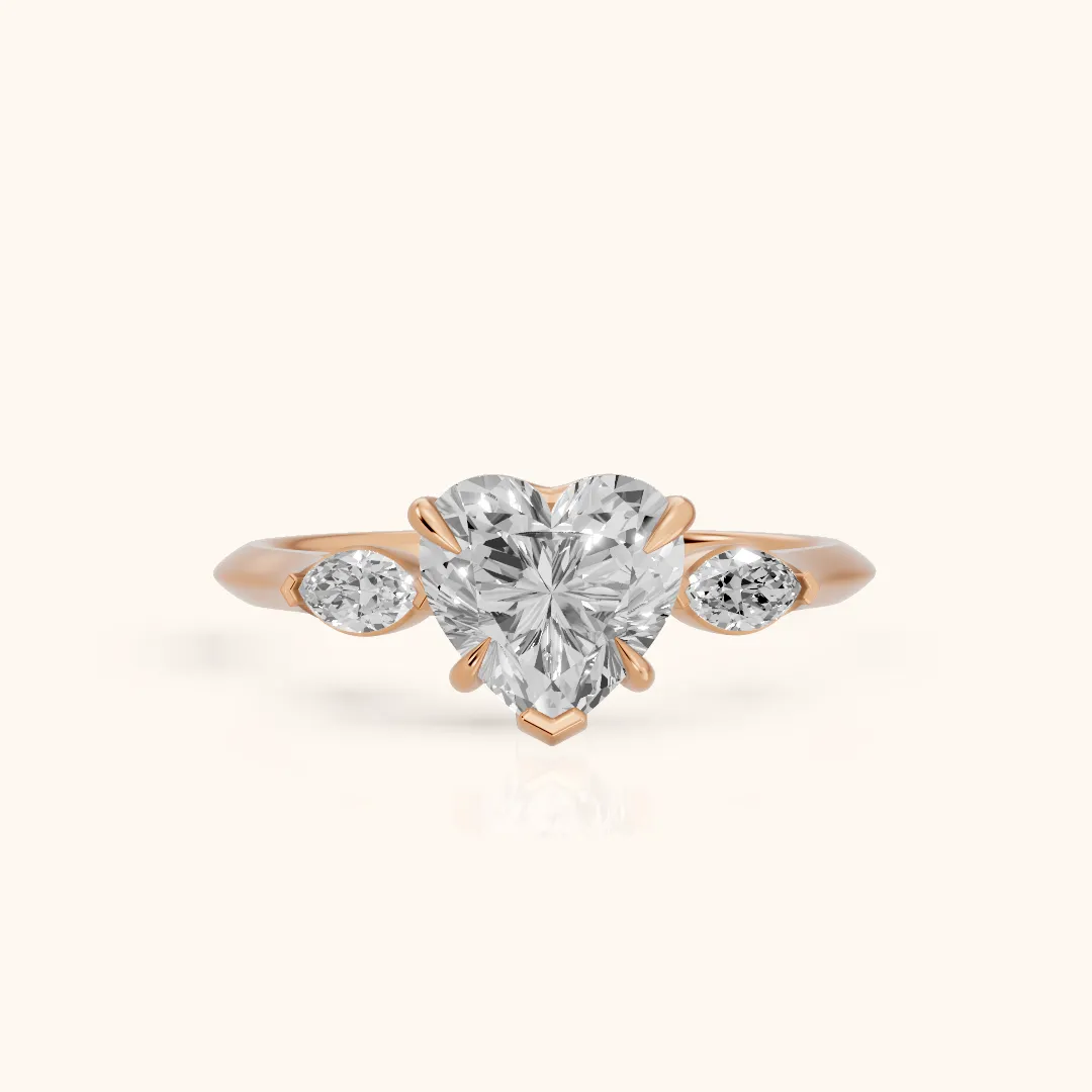 Lyra Three-Stone Heart Diamond Engagement Ring in Rose Gold — view 2