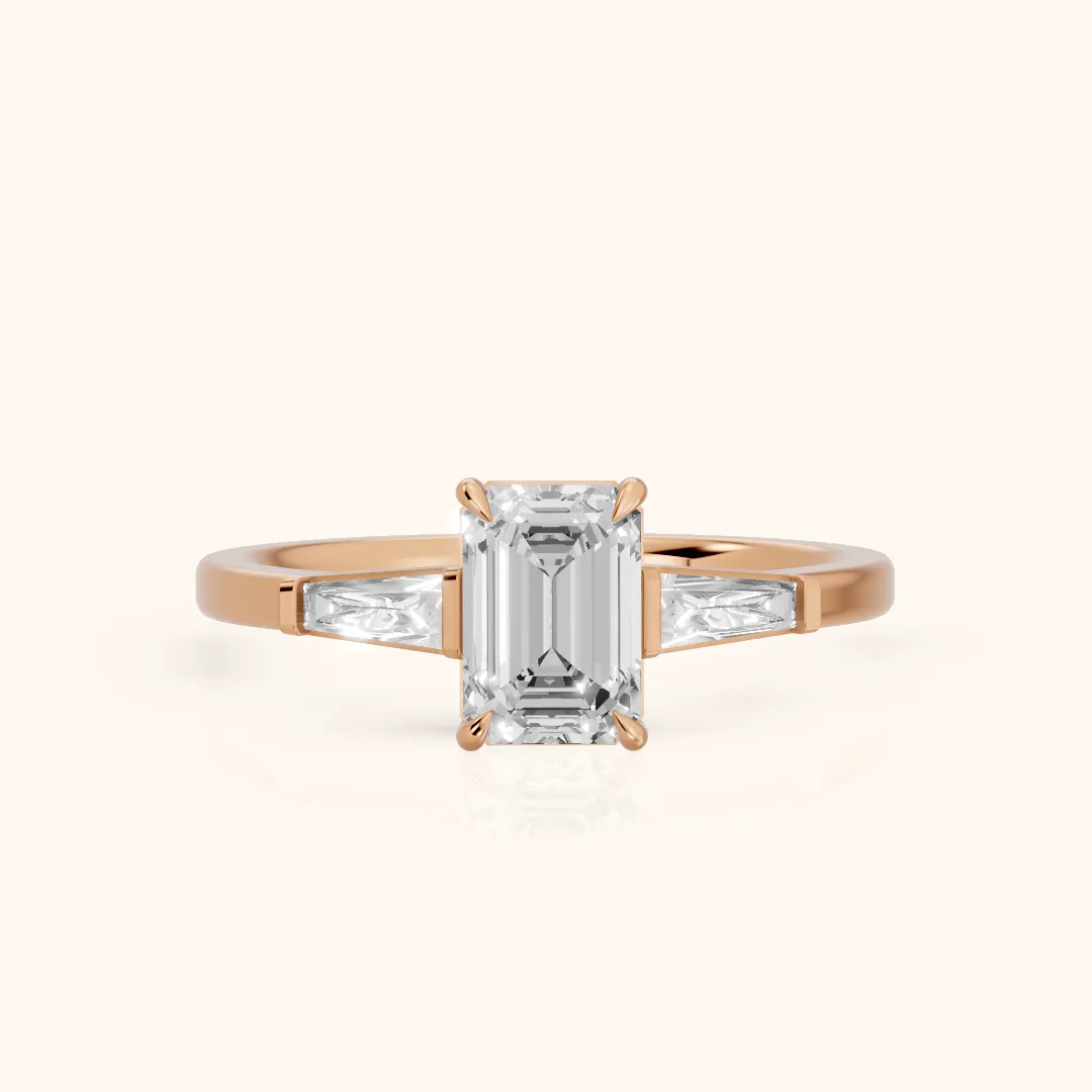 Winnie Three-Stone Emerald Diamond Engagement Ring in Rose Gold — view 2