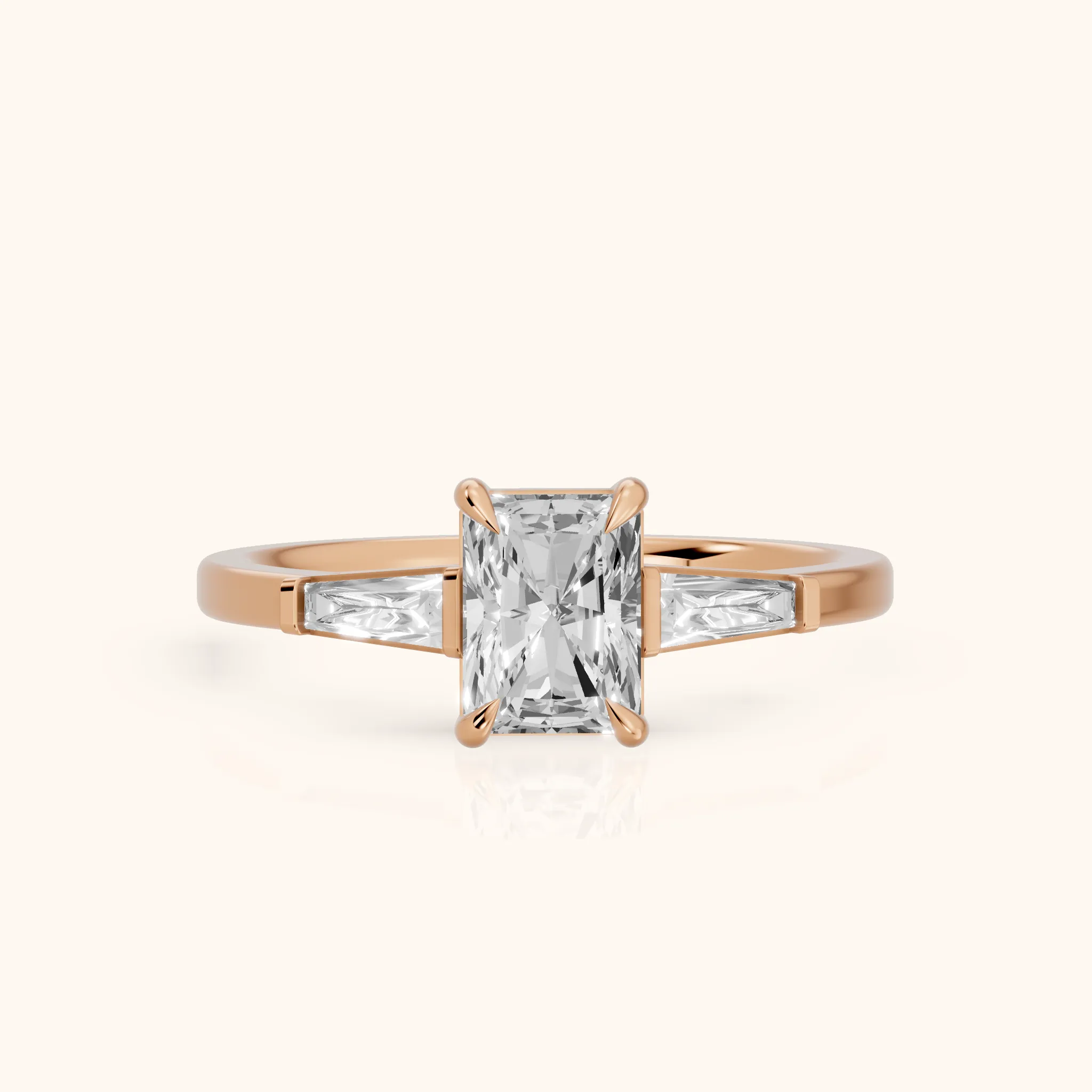 Winnie Three-Stone Radiant Diamond Engagement Ring in Rose Gold — view 1