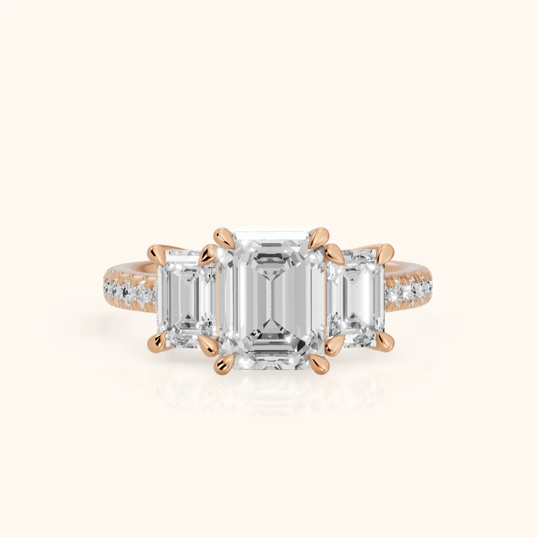 Gabrielle Three-Stone Pavé Emerald Diamond Engagement Ring in Rose Gold — view 2