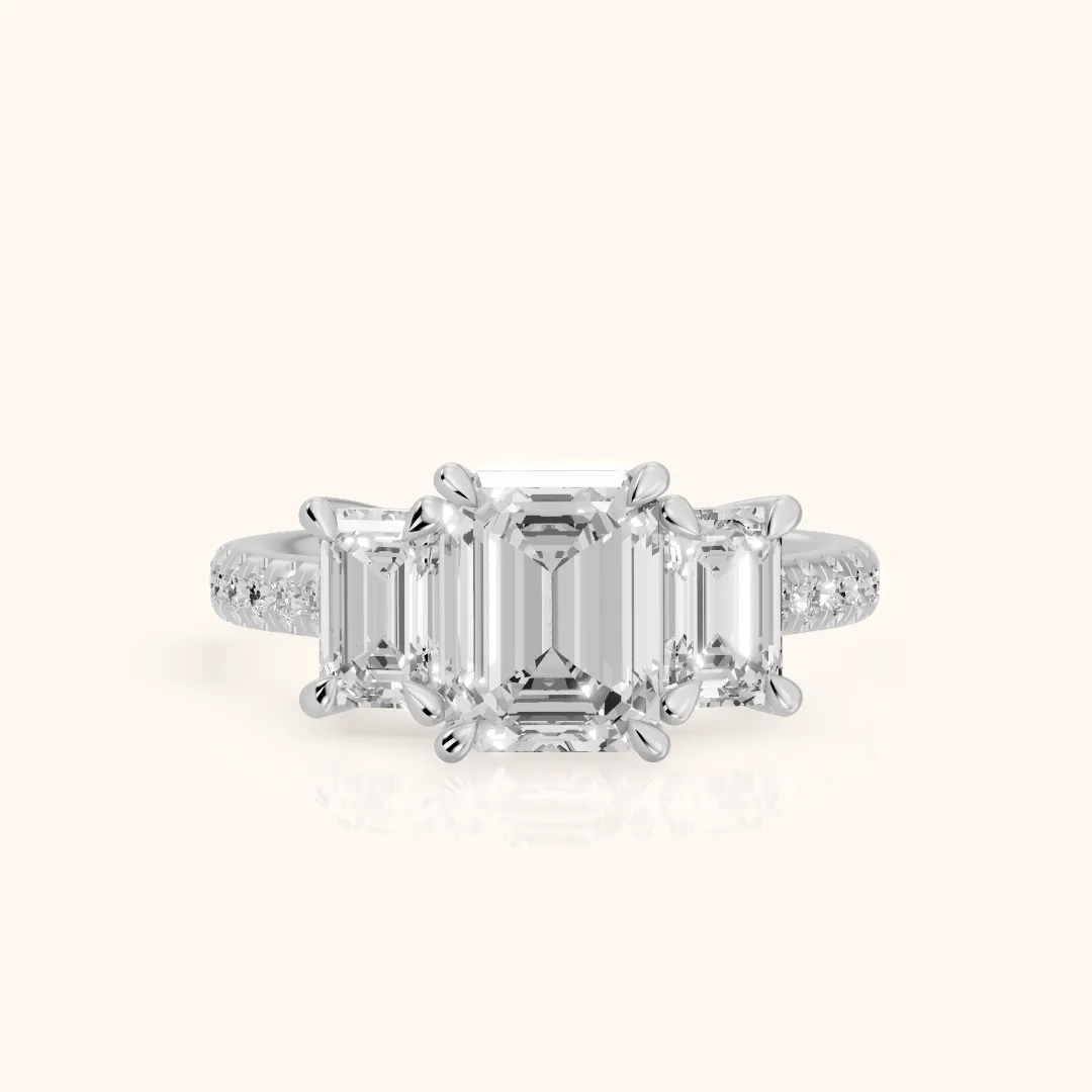 Gabrielle Three-Stone Pavé Emerald Diamond Engagement Ring in Silver — view 2