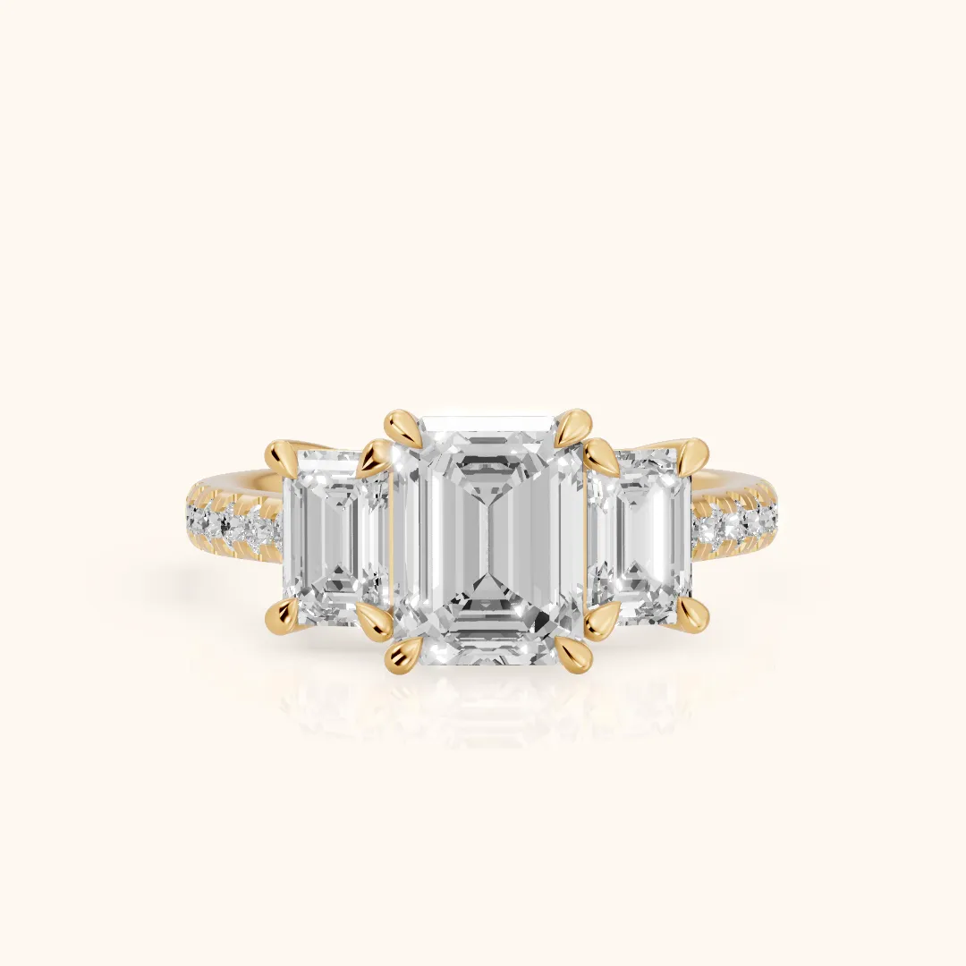 Gabrielle Three-Stone Pavé Emerald Diamond Engagement Ring in Yellow Gold — view 2