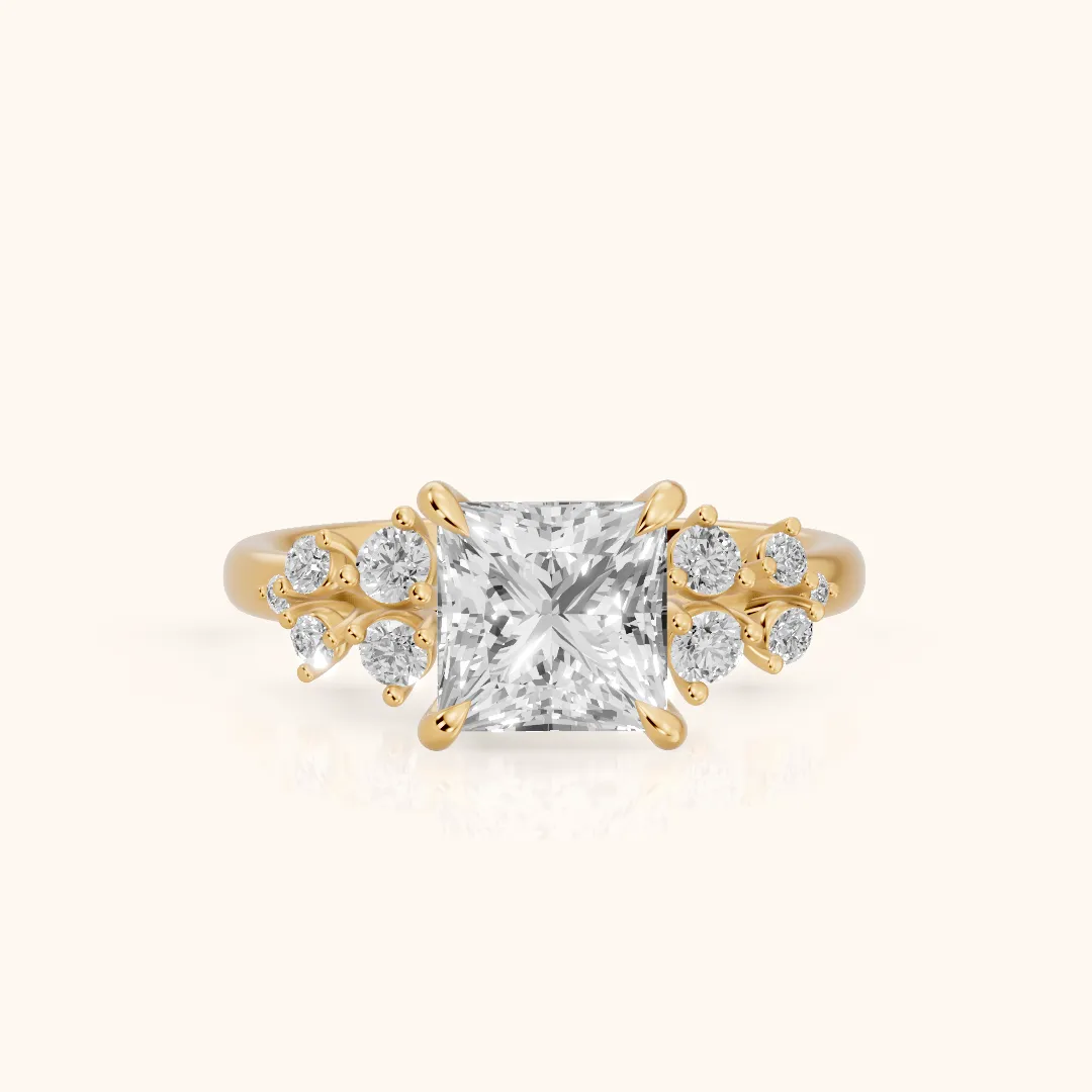 Mirabelle Cluster Princess Diamond Engagement Ring in Yellow Gold — view 2