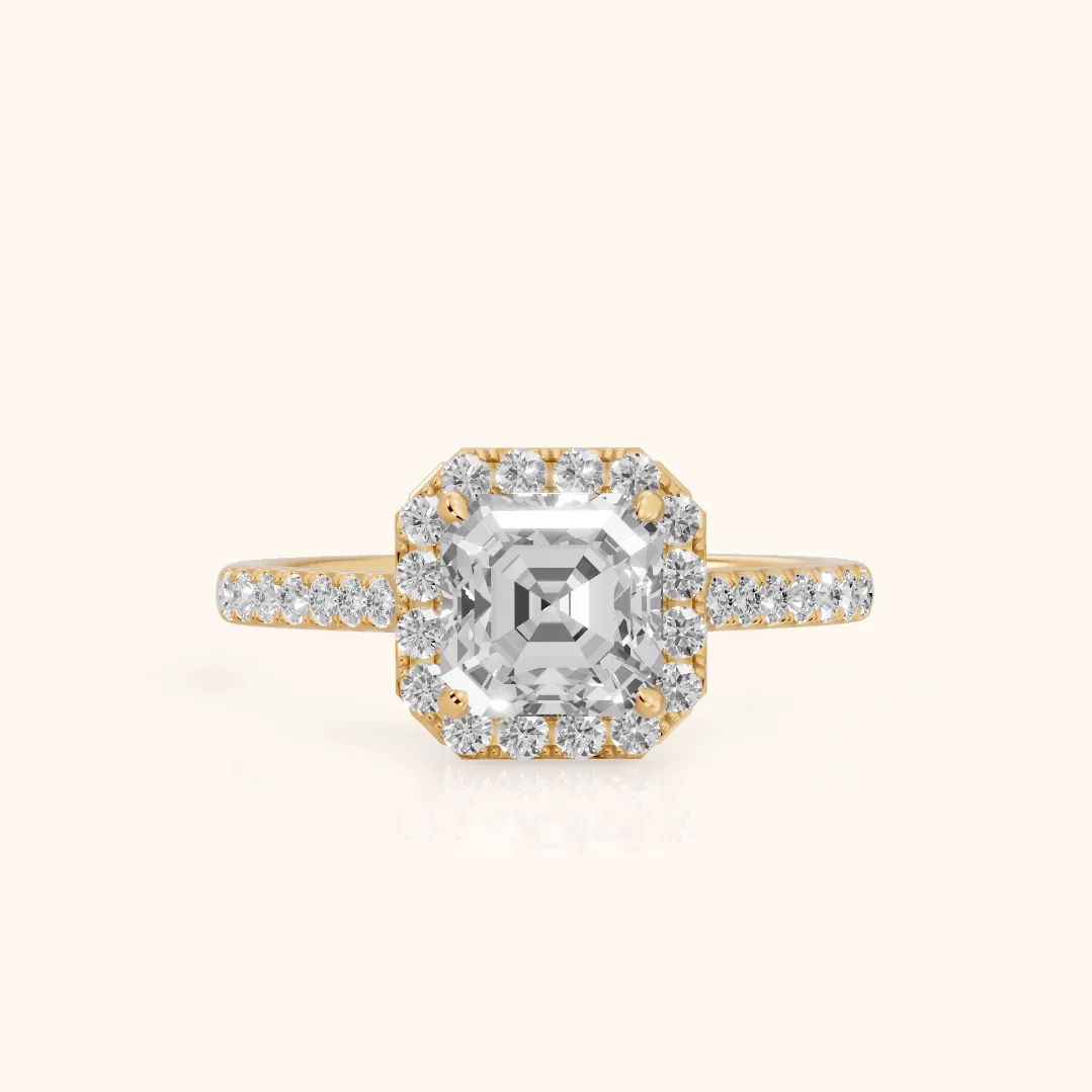 Alma Halo Pavé Asscher Diamond Ring in Yellow Gold — view 2