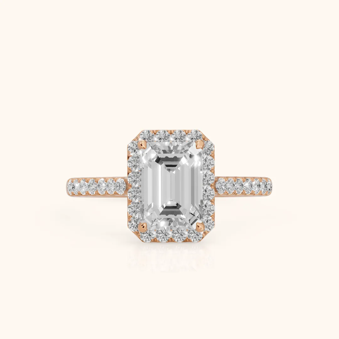 Alma Halo Pavé Emerald Diamond Engagement Ring in Rose Gold — view 2