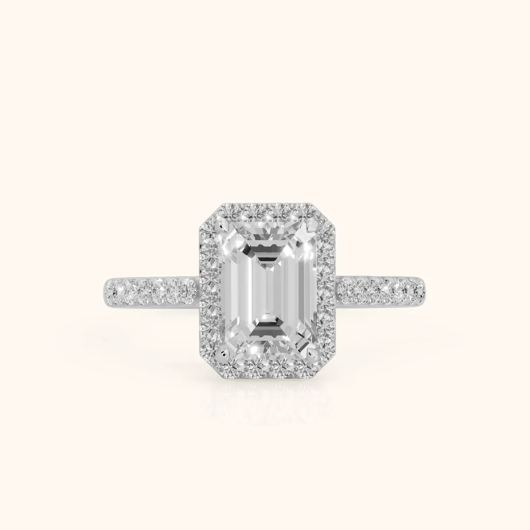 Alma Halo Pavé Emerald Diamond Ring in Platinum — view 2