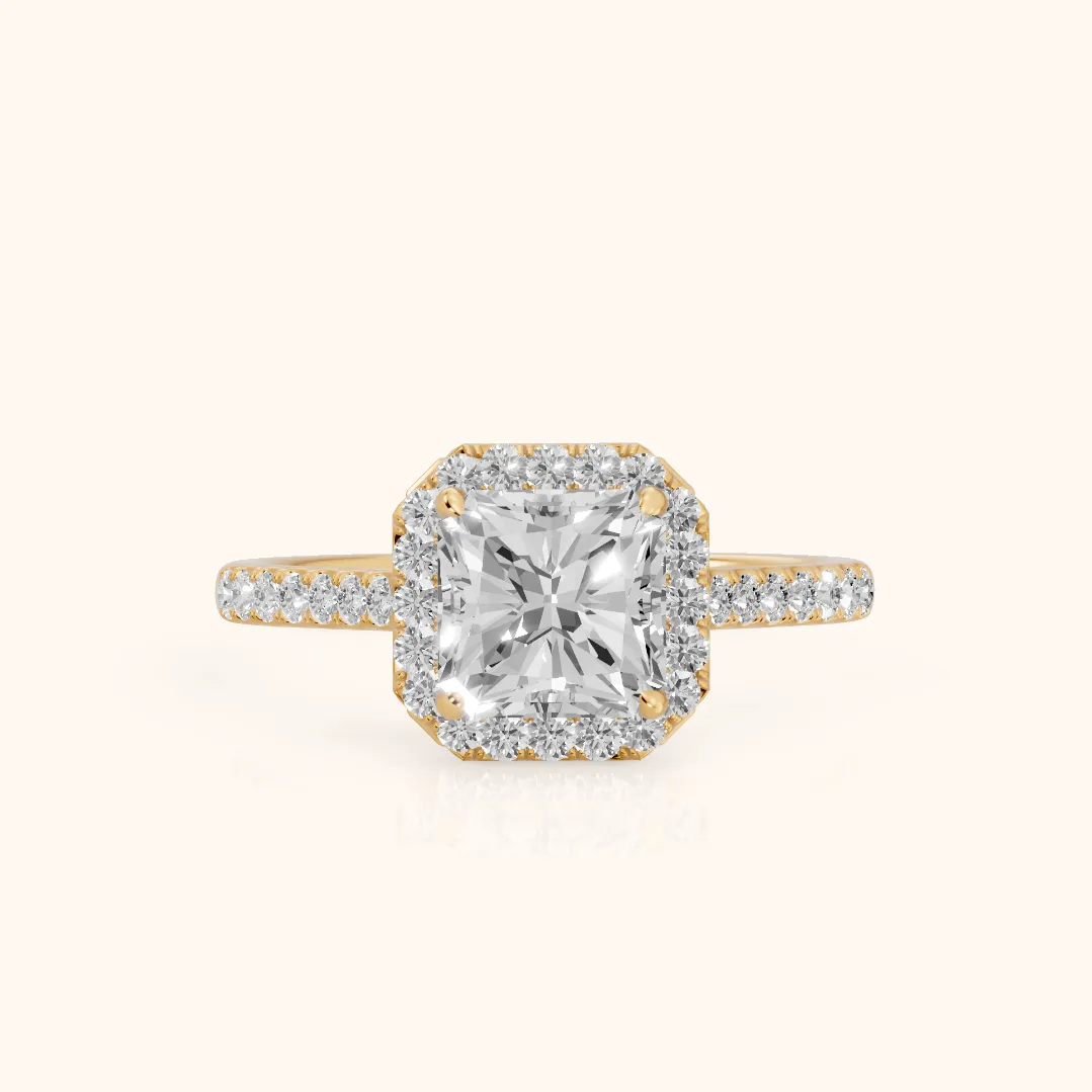 Alma Halo Pavé Radiant Diamond Ring in Yellow Gold — view 2