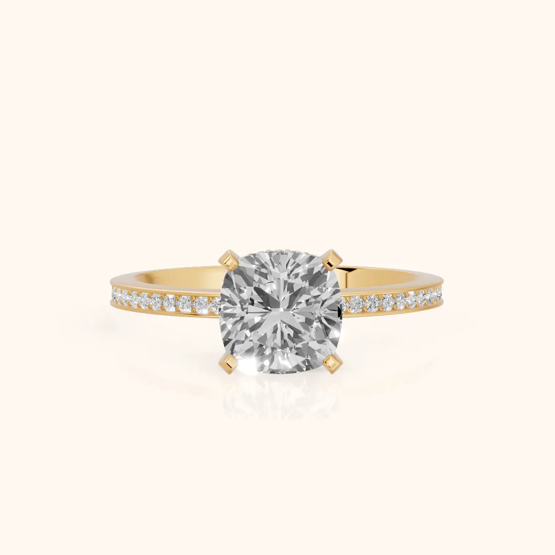Naia Hidden Halo Cushion Diamond Ring in Yellow Gold — view 2