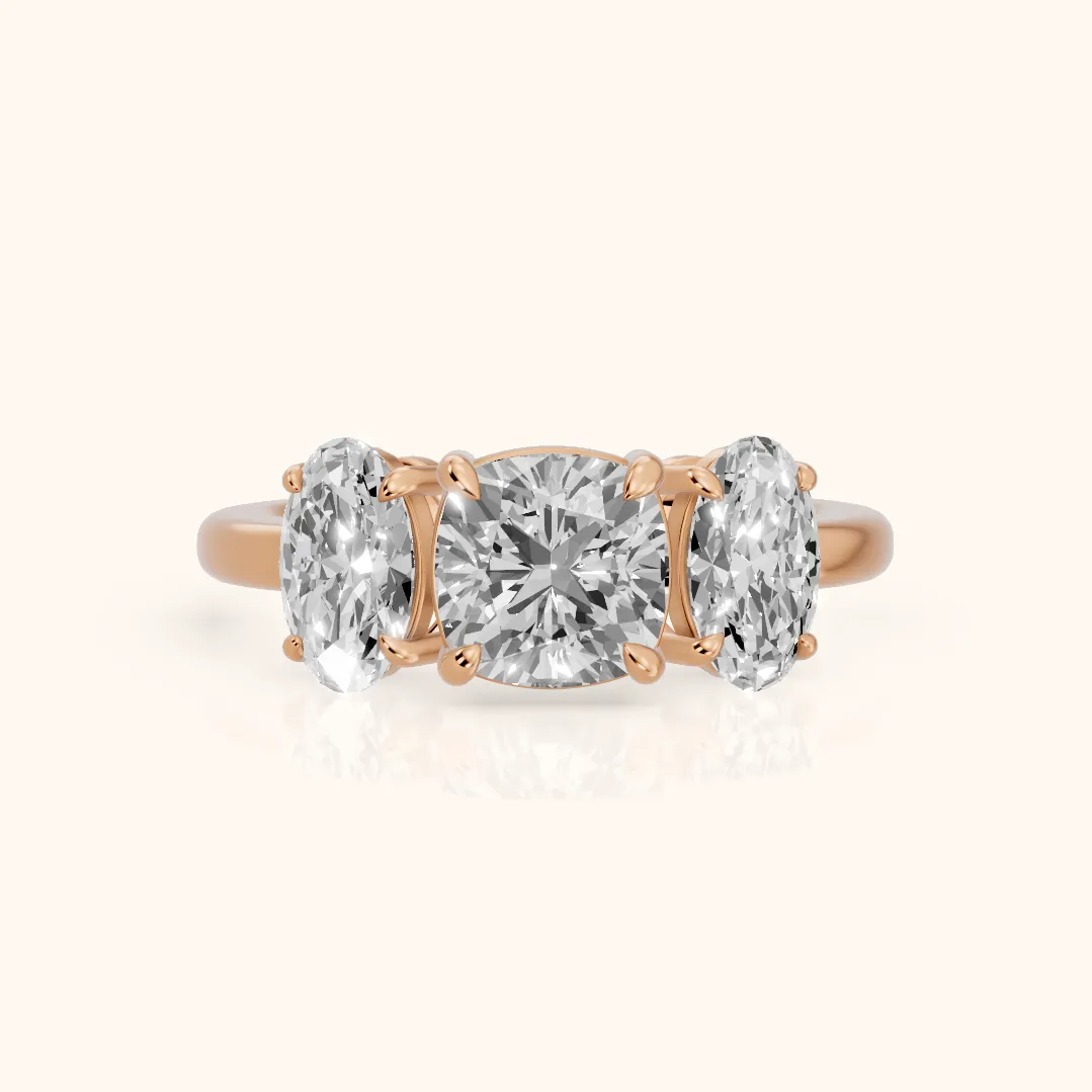Lila Three-Stone Cushion Diamond Ring in Rose Gold — view 2