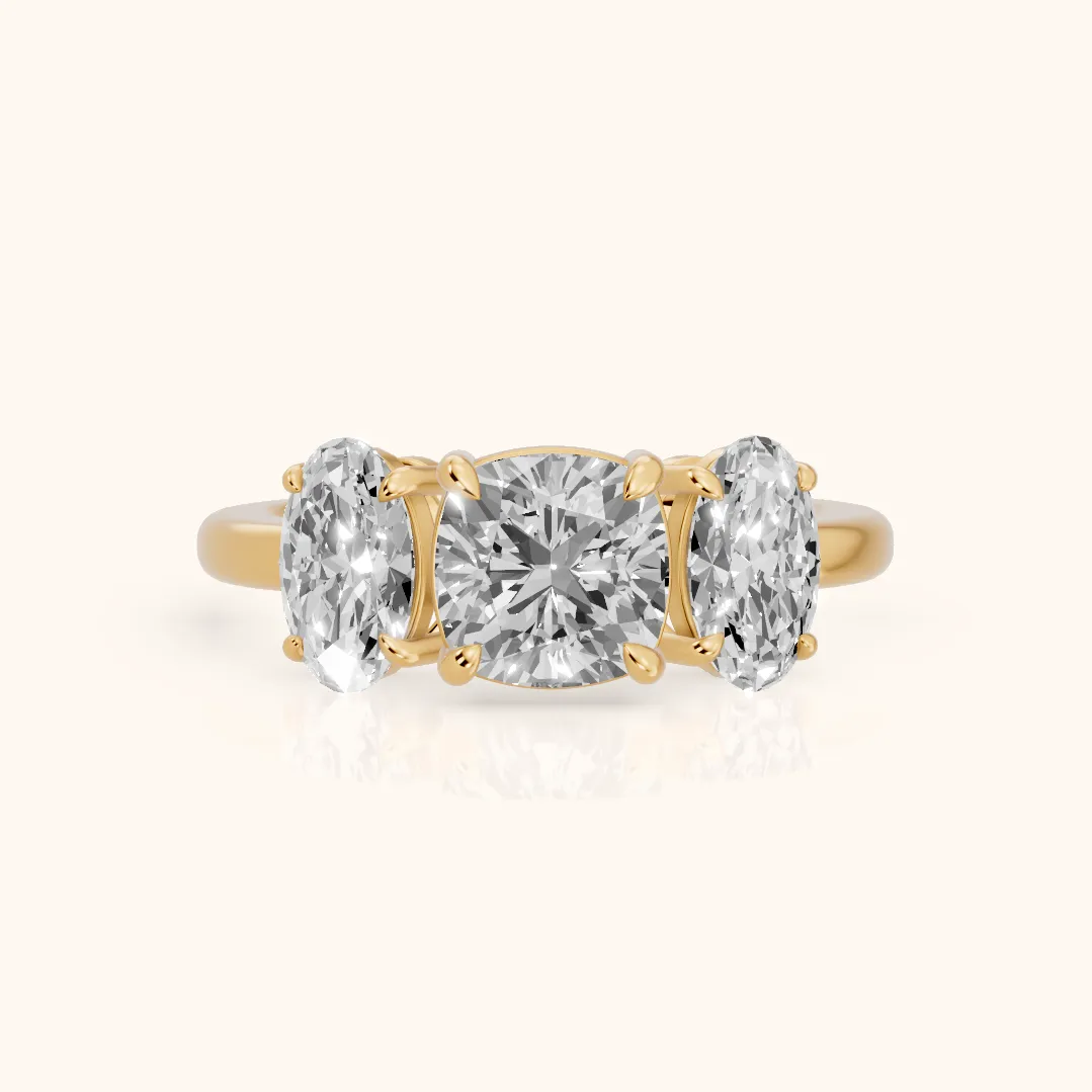 Lila Three-Stone Cushion Diamond Ring in Yellow Gold — view 2