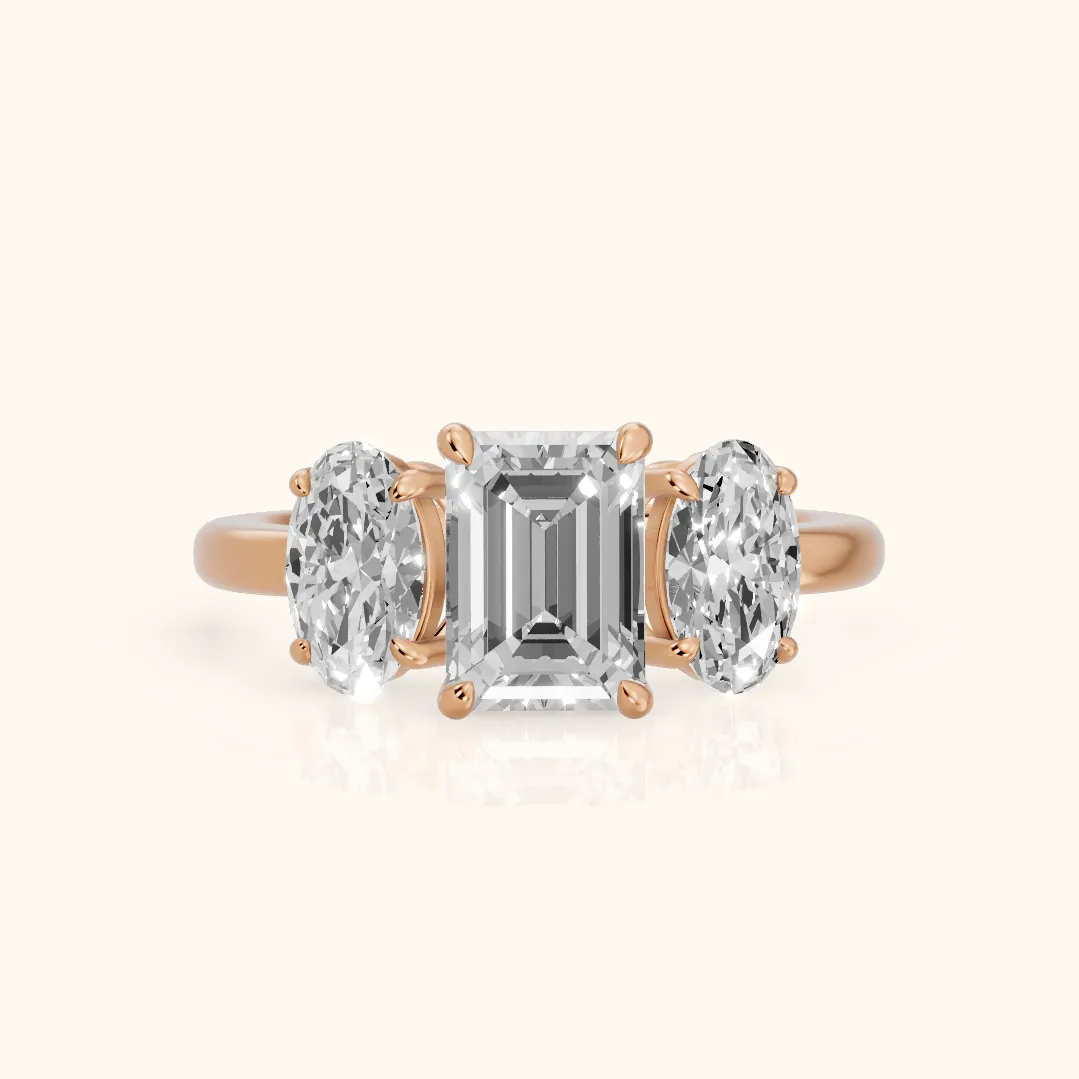 Lila Three-Stone Emerald Diamond Ring in Rose Gold — view 2
