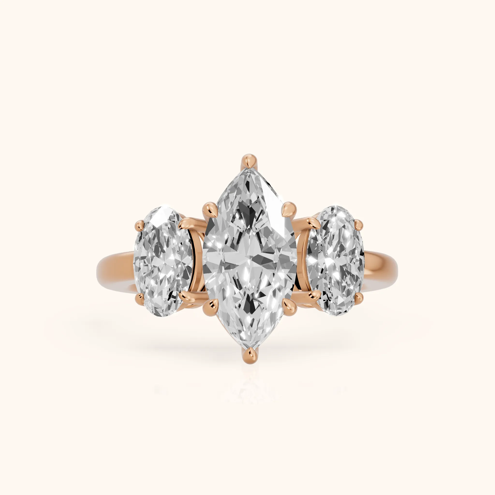 Lila Three-Stone Marquise Diamond Ring in Rose Gold — view 1