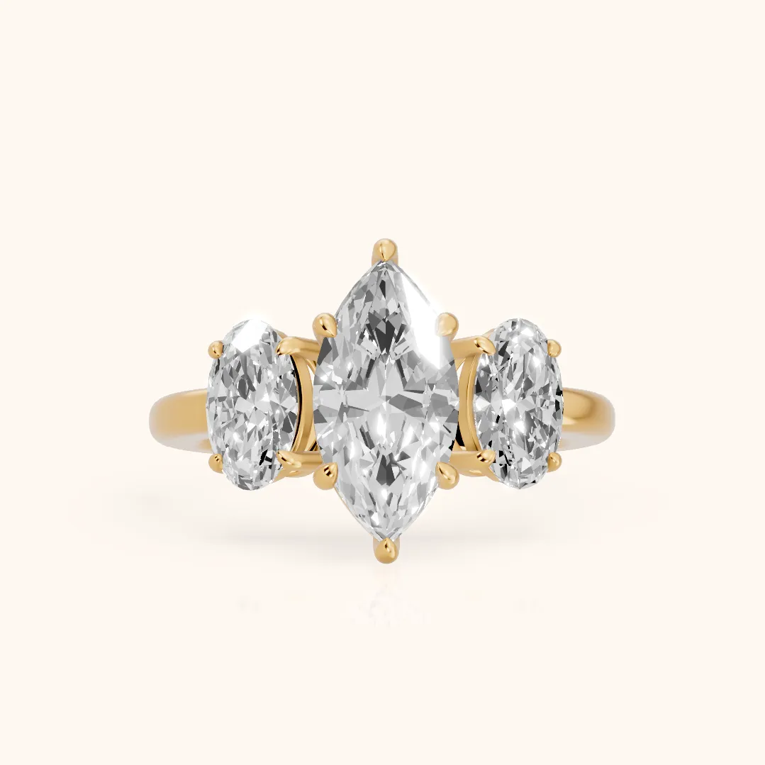 Lila Three-Stone Marquise Diamond Ring in Yellow Gold — view 2