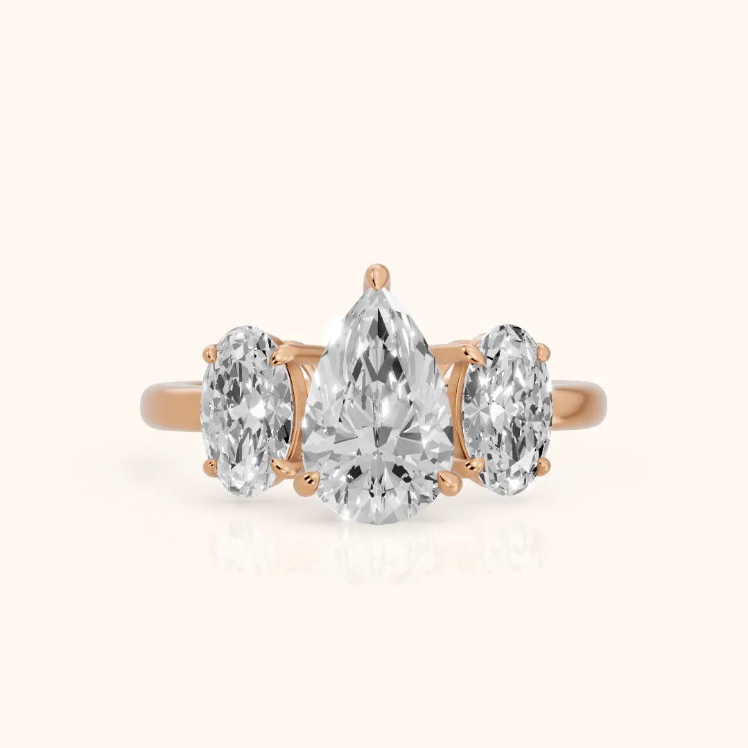 Lila Three-Stone Pear Diamond Ring in Rose Gold — view 2