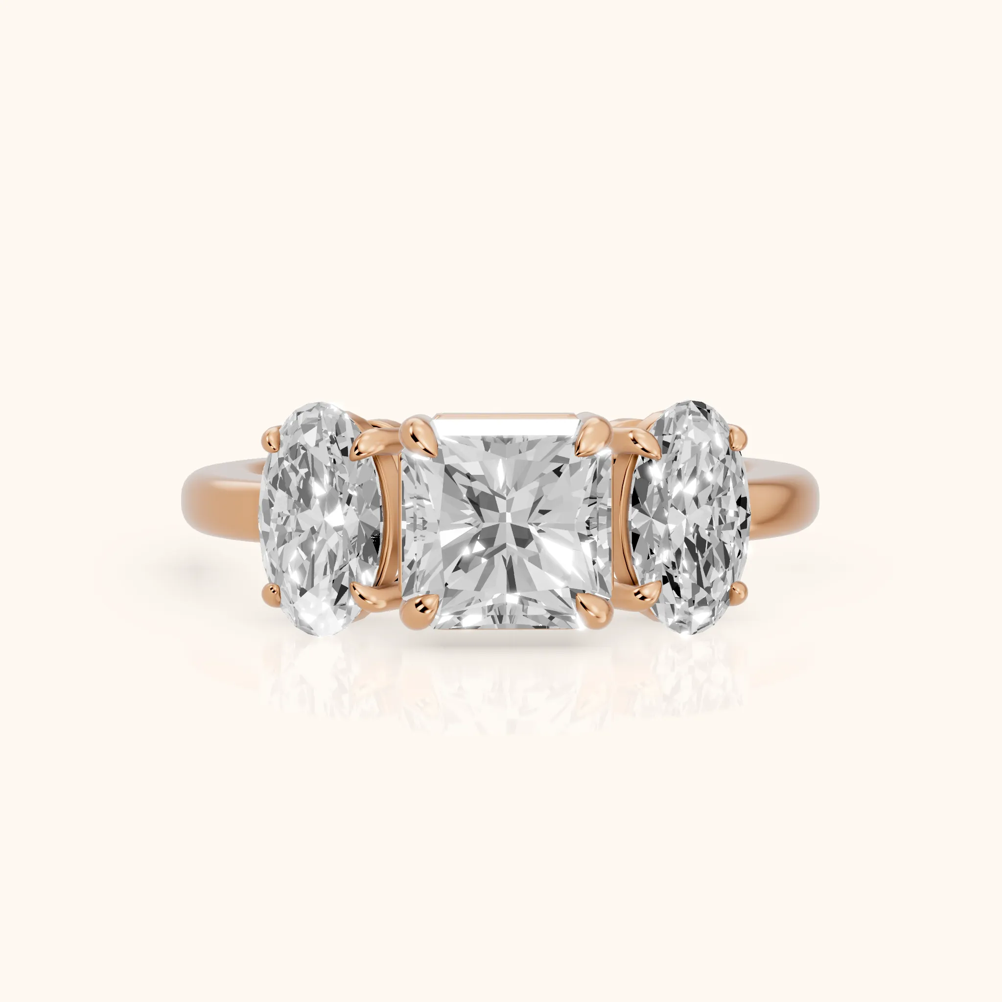 Lila Three-Stone Radiant Diamond Ring in Rose Gold — view 1