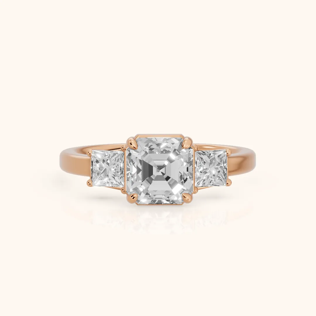 Selena Three-Stone Basket Asscher Diamond Ring in Rose Gold — view 2