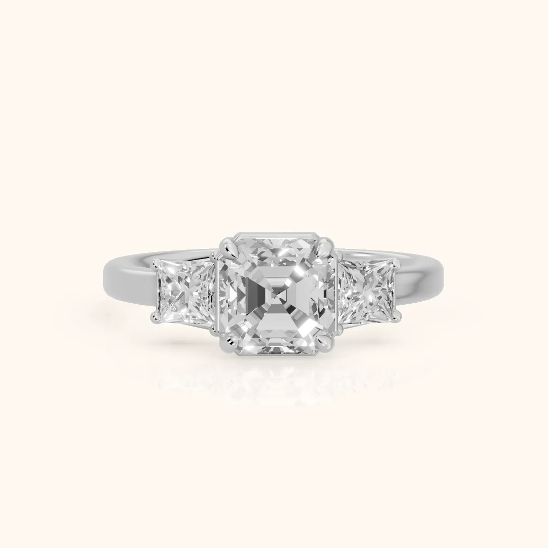 Selena Three-Stone Basket Asscher Diamond Ring in Silver — view 2