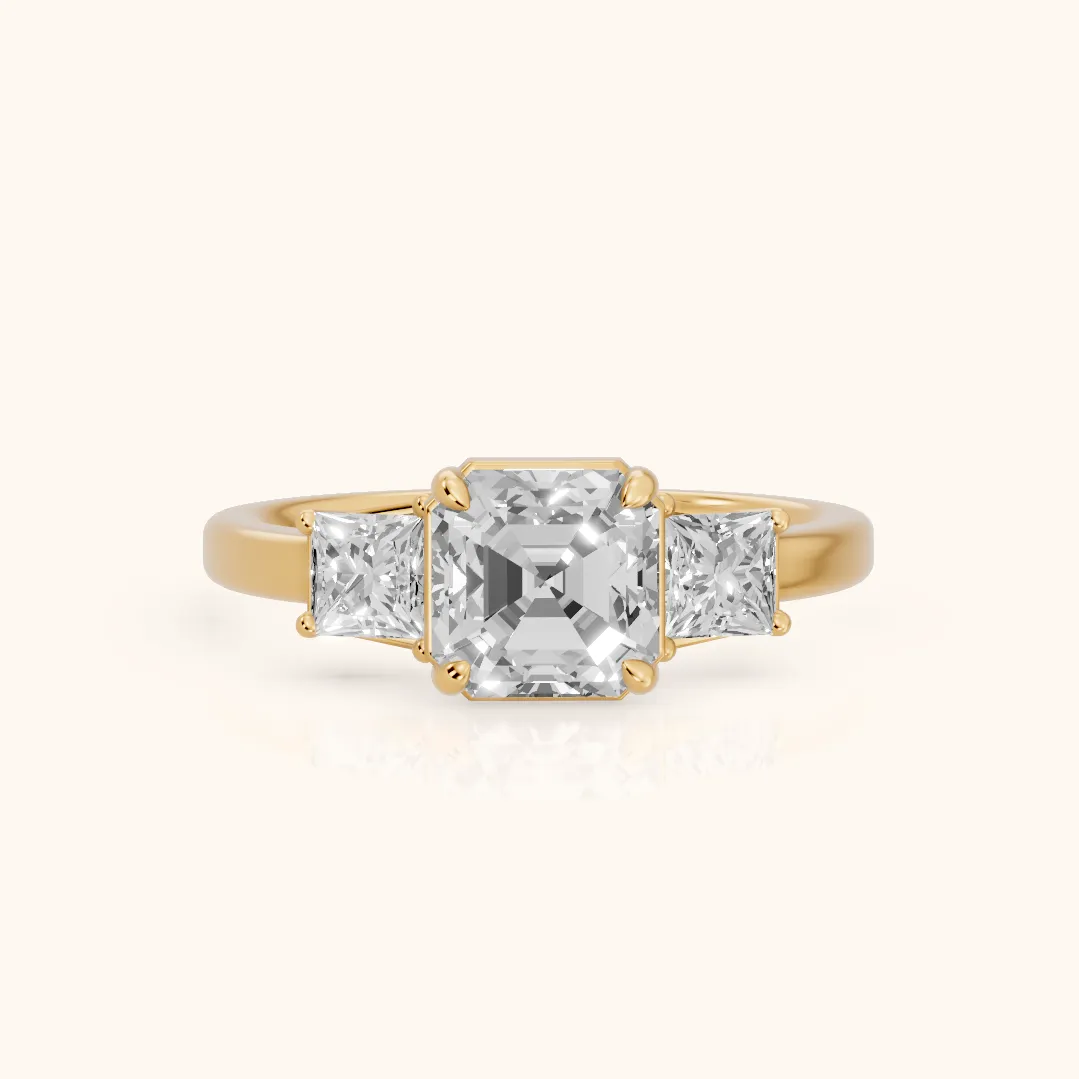 Selena Three-Stone Basket Asscher Diamond Ring in Yellow Gold — view 2