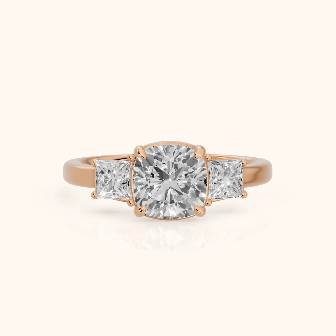 Selena Three-Stone Basket Cushion Diamond Ring in Rose Gold — view 2