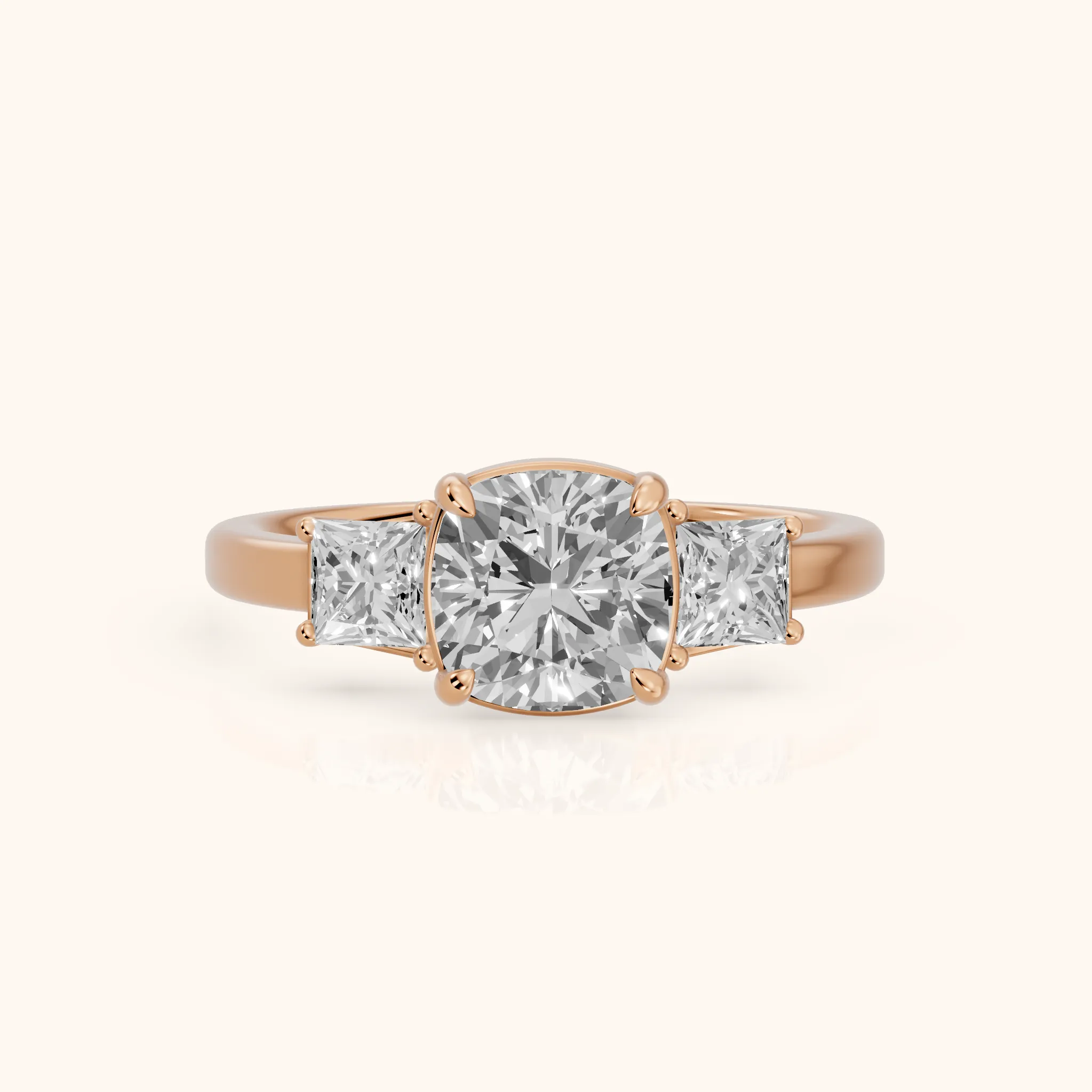 Selena Three-Stone Basket Cushion Diamond Ring in Rose Gold — view 1