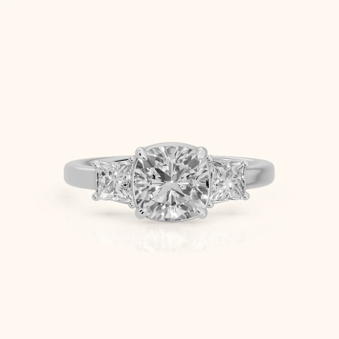 Selena Three-Stone Basket Cushion Diamond Ring in Silver — view 2