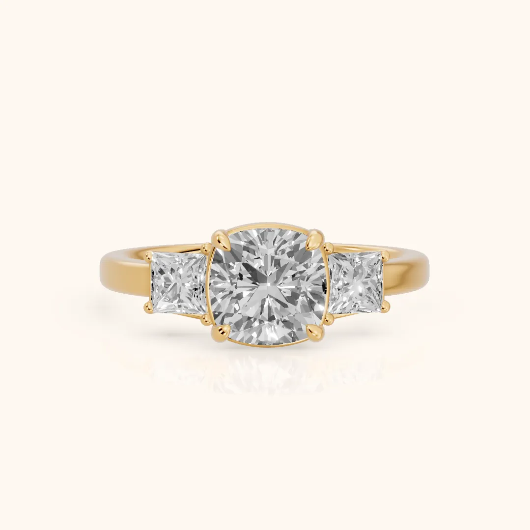 Selena Three-Stone Basket Cushion Diamond Ring in Yellow Gold — view 2