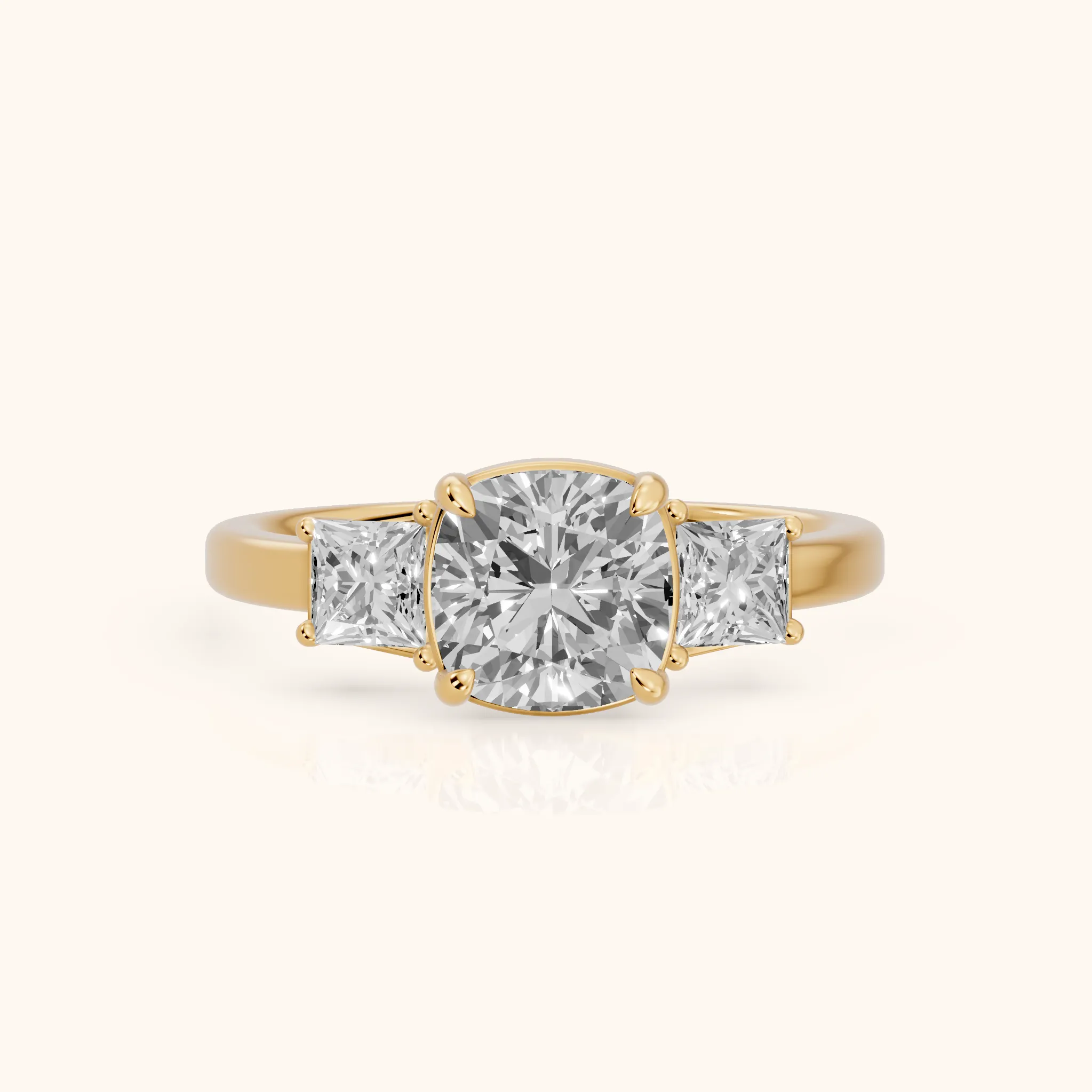 Selena Three-Stone Basket Cushion Diamond Ring in Yellow Gold — view 1