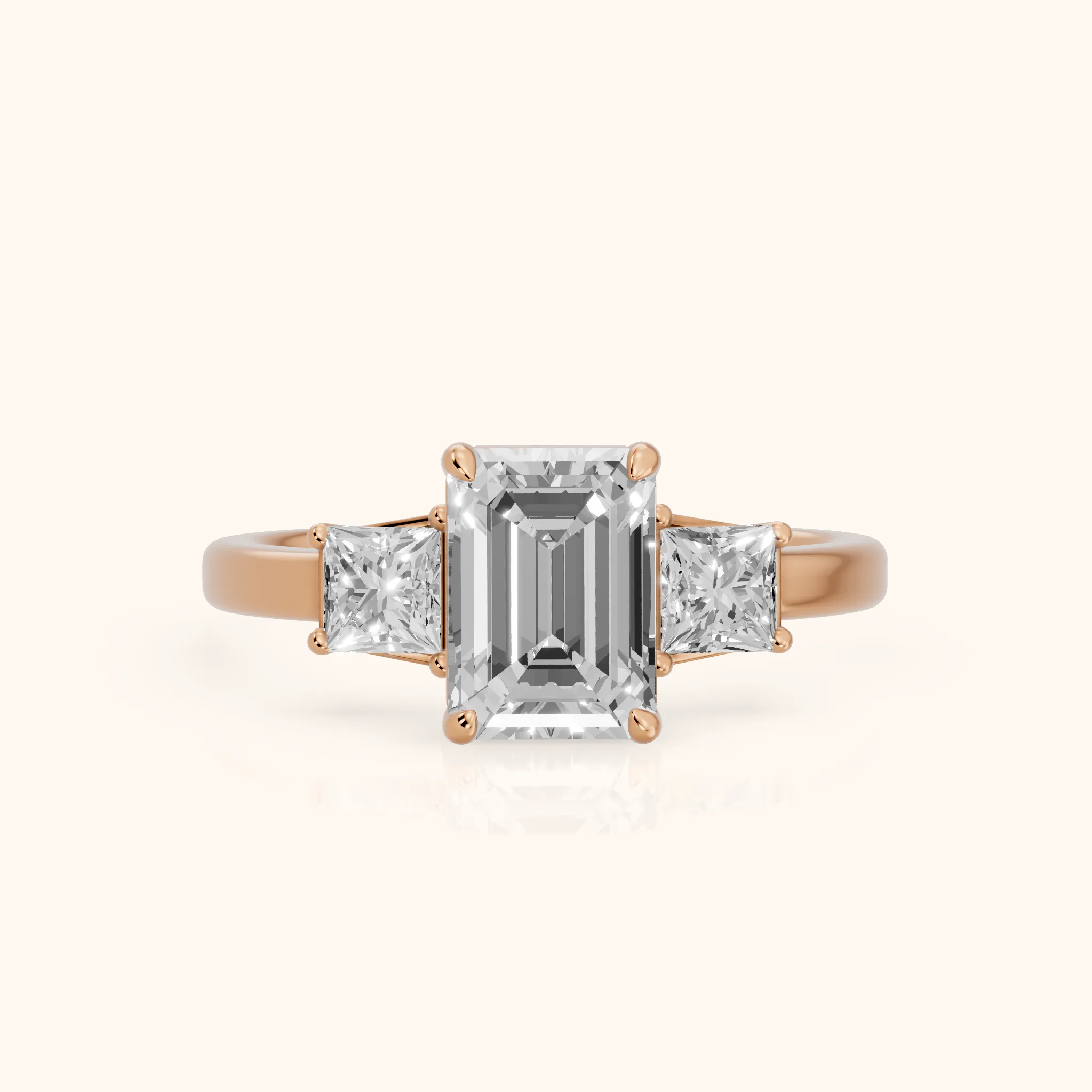 Selena Three-Stone Basket Emerald Diamond Ring in Rose Gold — view 1