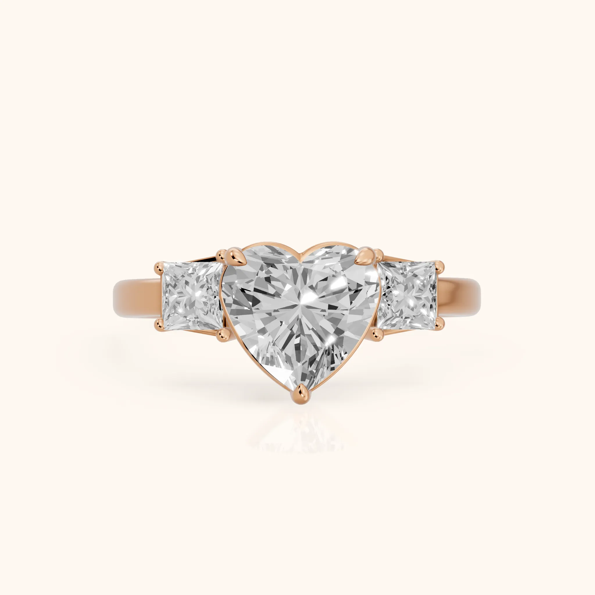 Selena Three-Stone Basket Heart Diamond Ring in Rose Gold — view 1