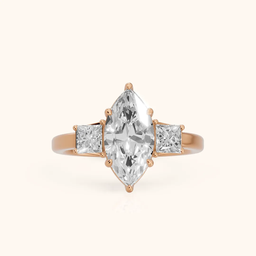 Selena Three-Stone Basket Marquise Diamond Ring in Rose Gold — view 2
