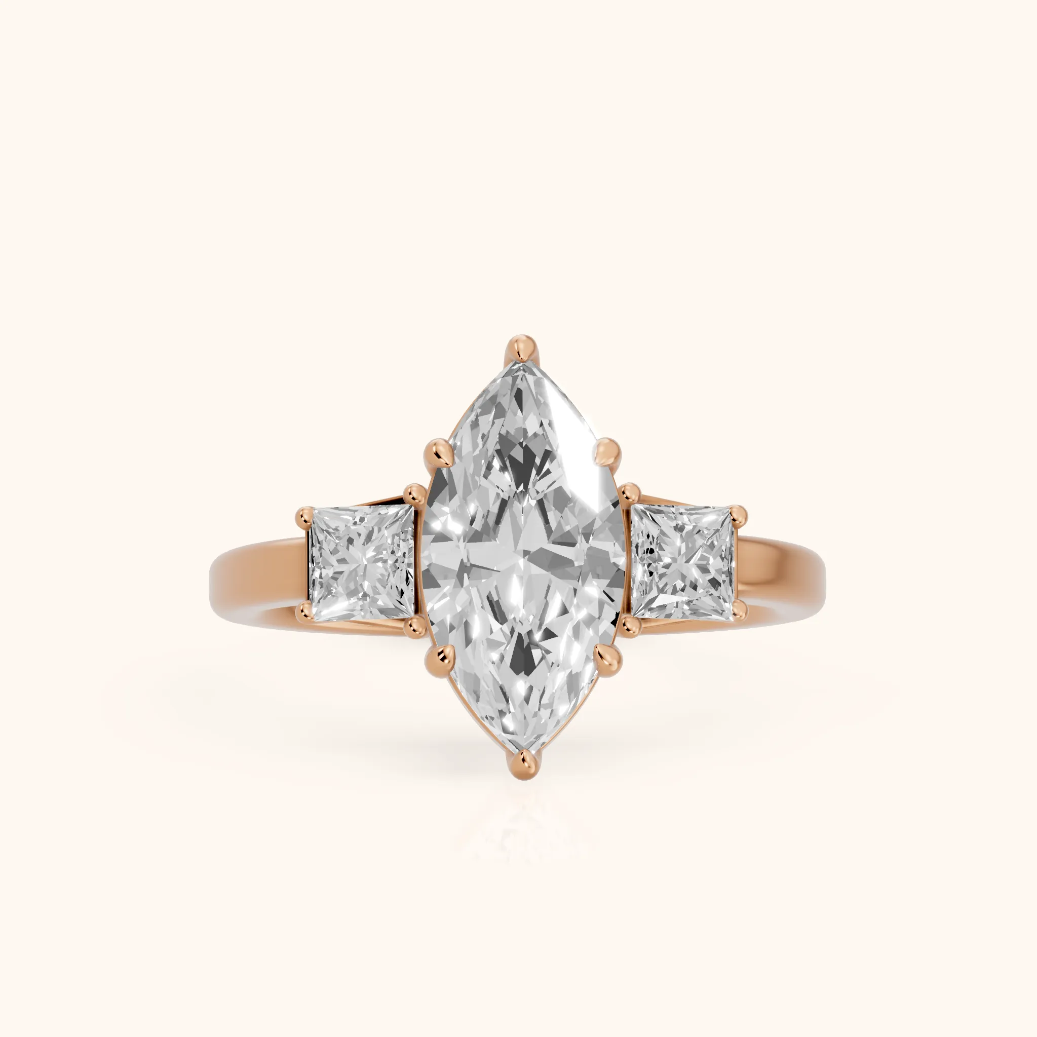 Selena Three-Stone Basket Marquise Diamond Ring in Rose Gold — view 1