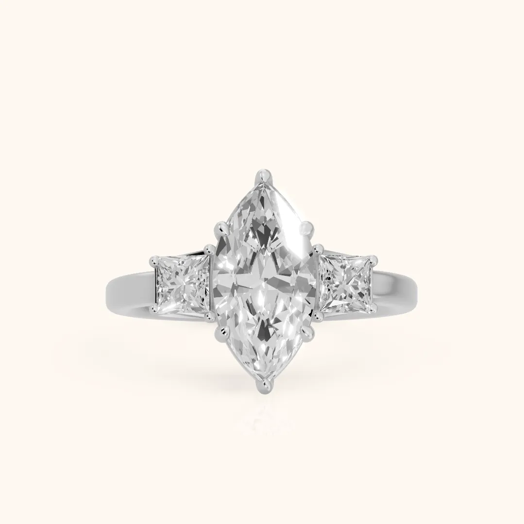 Selena Three-Stone Basket Marquise Diamond Ring in Silver — view 2