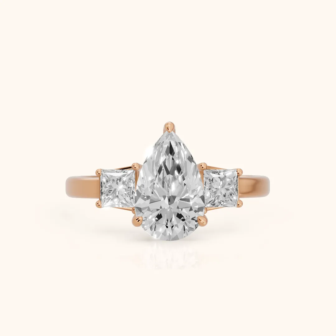 Selena Three-Stone Basket Pear Diamond Ring in Rose Gold — view 2