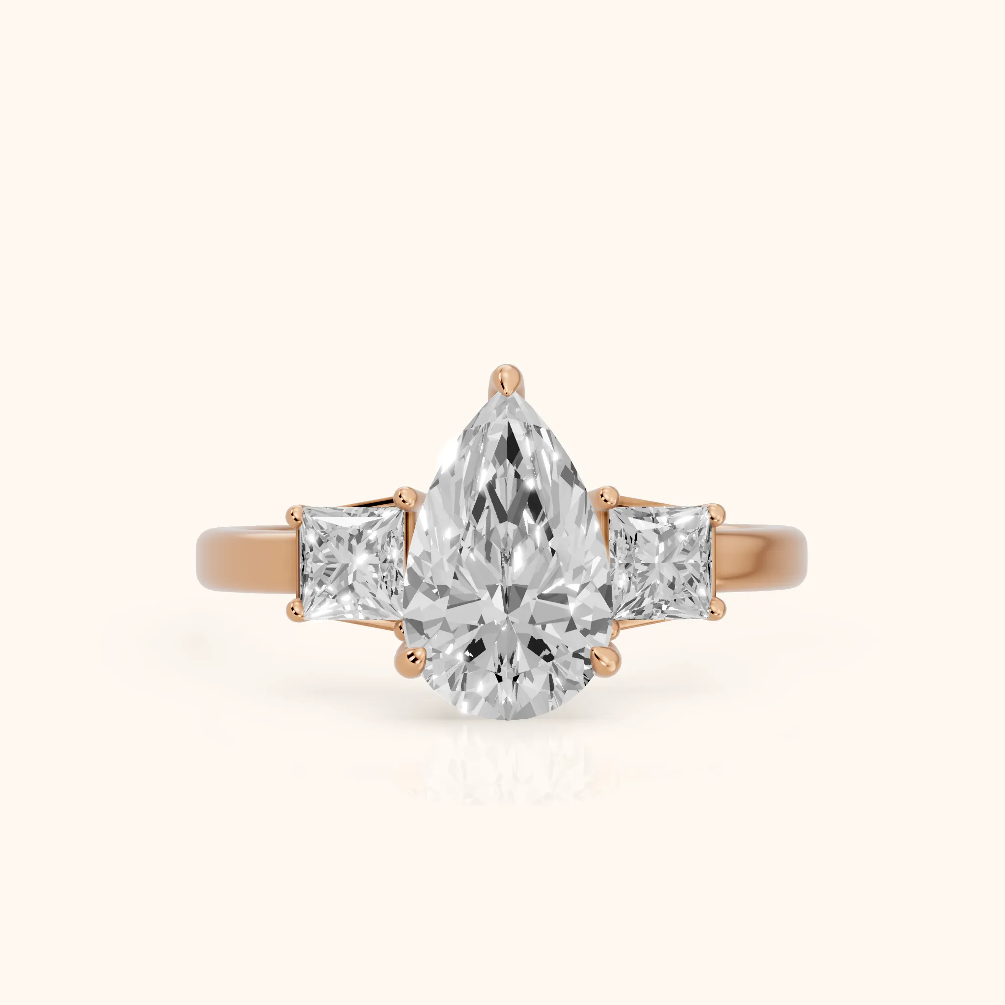 Selena Three-Stone Basket Pear Diamond Ring in Rose Gold — view 1