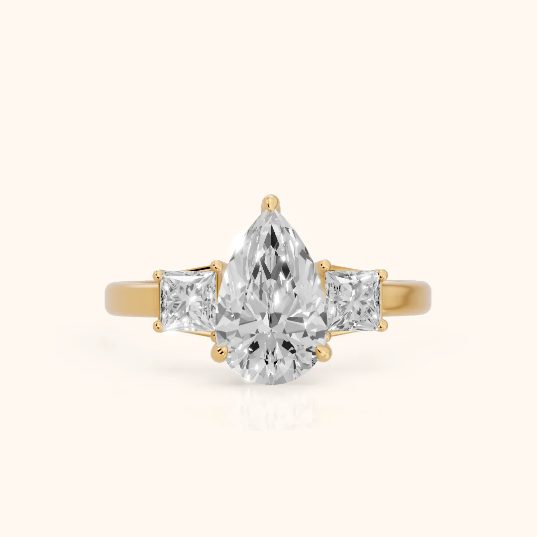 Selena Three-Stone Basket Pear Diamond Ring in Yellow Gold — view 2