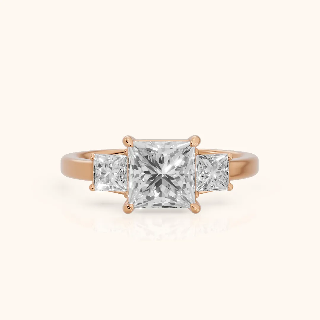 Selena Three-Stone Basket Princess Diamond Ring in Rose Gold — view 2