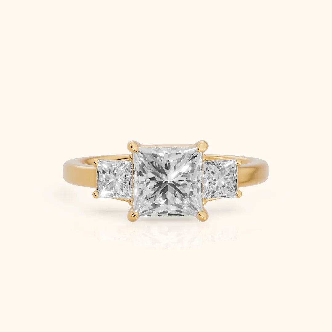 Selena Three-Stone Basket Princess Diamond Ring in Yellow Gold — view 2