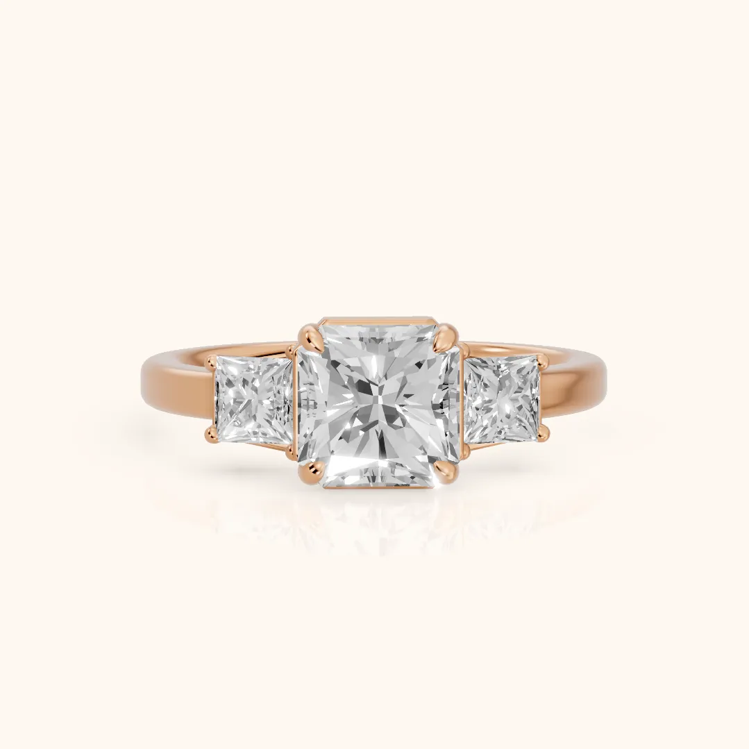 Selena Three-Stone Basket Radiant Diamond Ring in Rose Gold — view 2