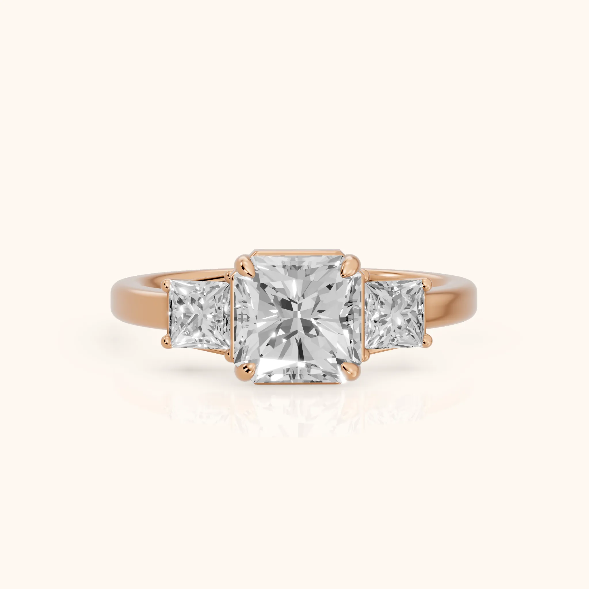 Selena Three-Stone Basket Radiant Diamond Ring in Rose Gold — view 1