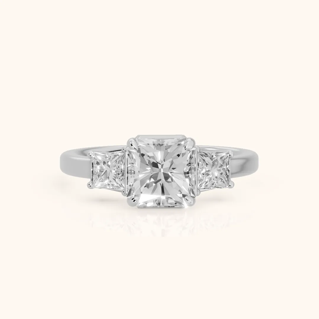 Selena Three-Stone Basket Radiant Diamond Ring in Silver — view 2