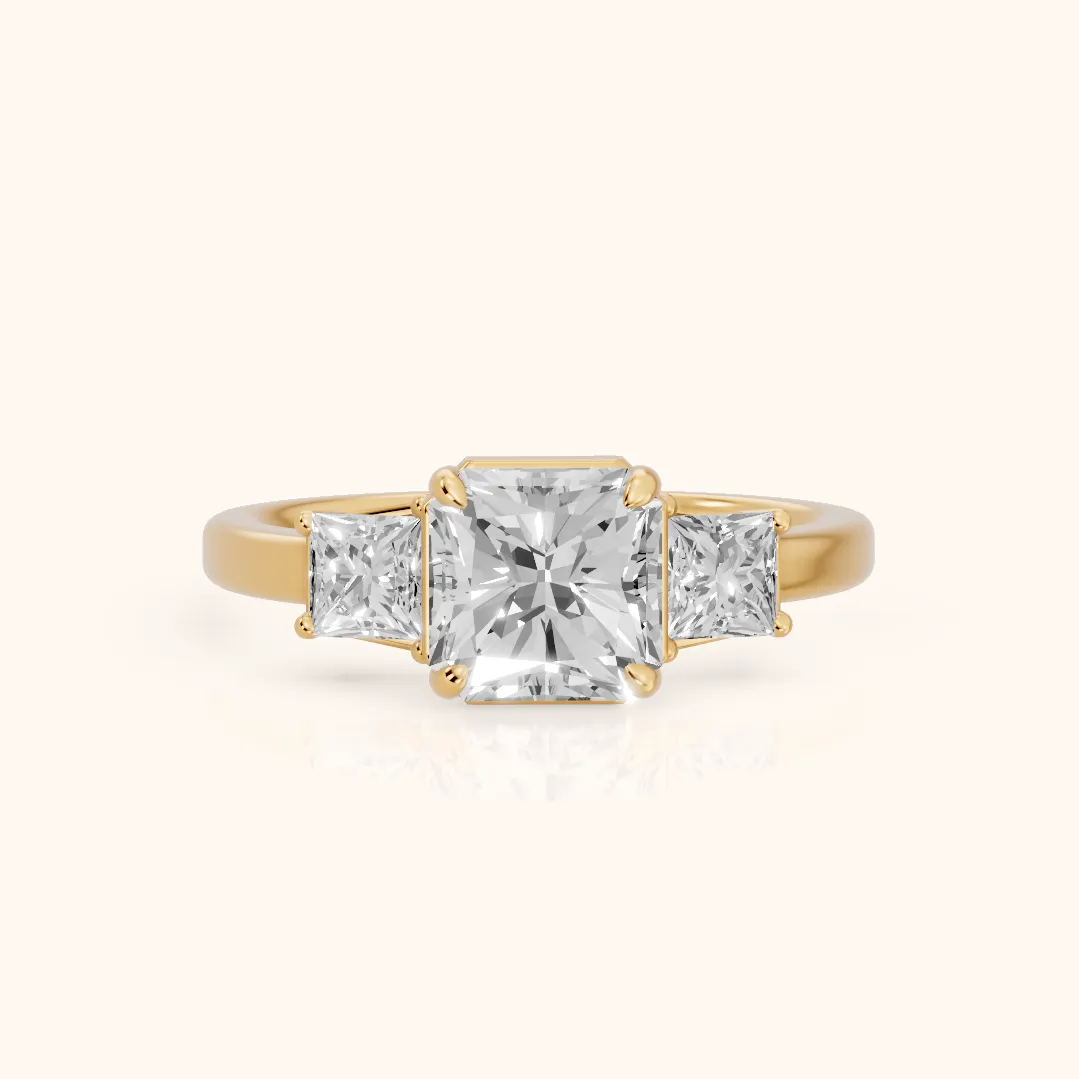Selena Three-Stone Basket Radiant Diamond Ring in Yellow Gold — view 2