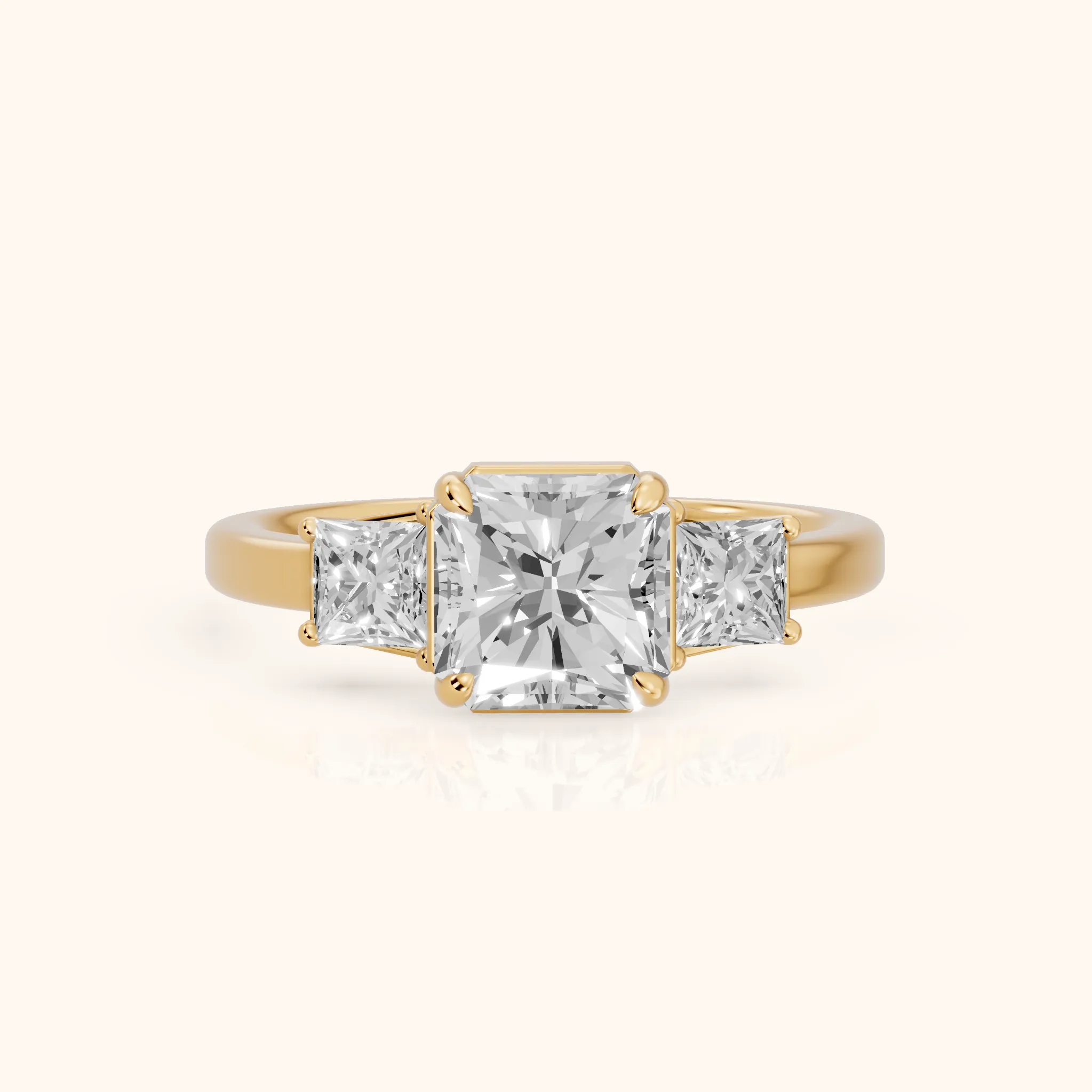 Selena Three-Stone Basket Radiant Diamond Ring in Yellow Gold — view 1