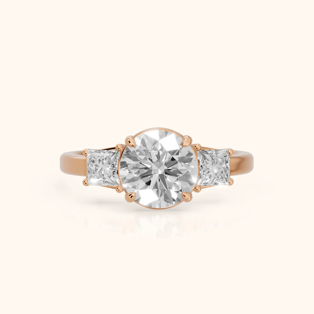Selena Three-Stone Basket Round Diamond Ring in Rose Gold — view 2