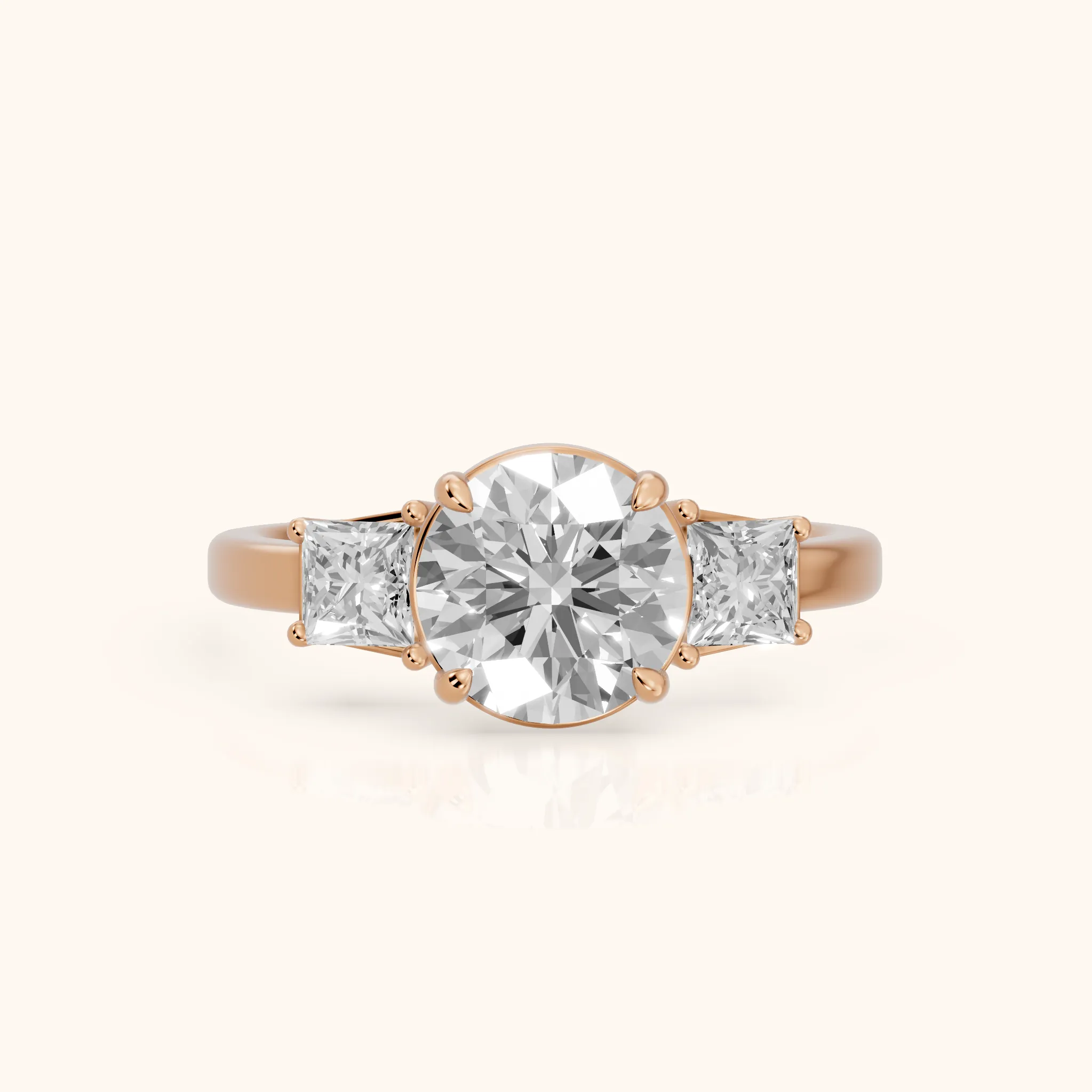 Selena Three-Stone Basket Round Diamond Ring in Rose Gold — view 1